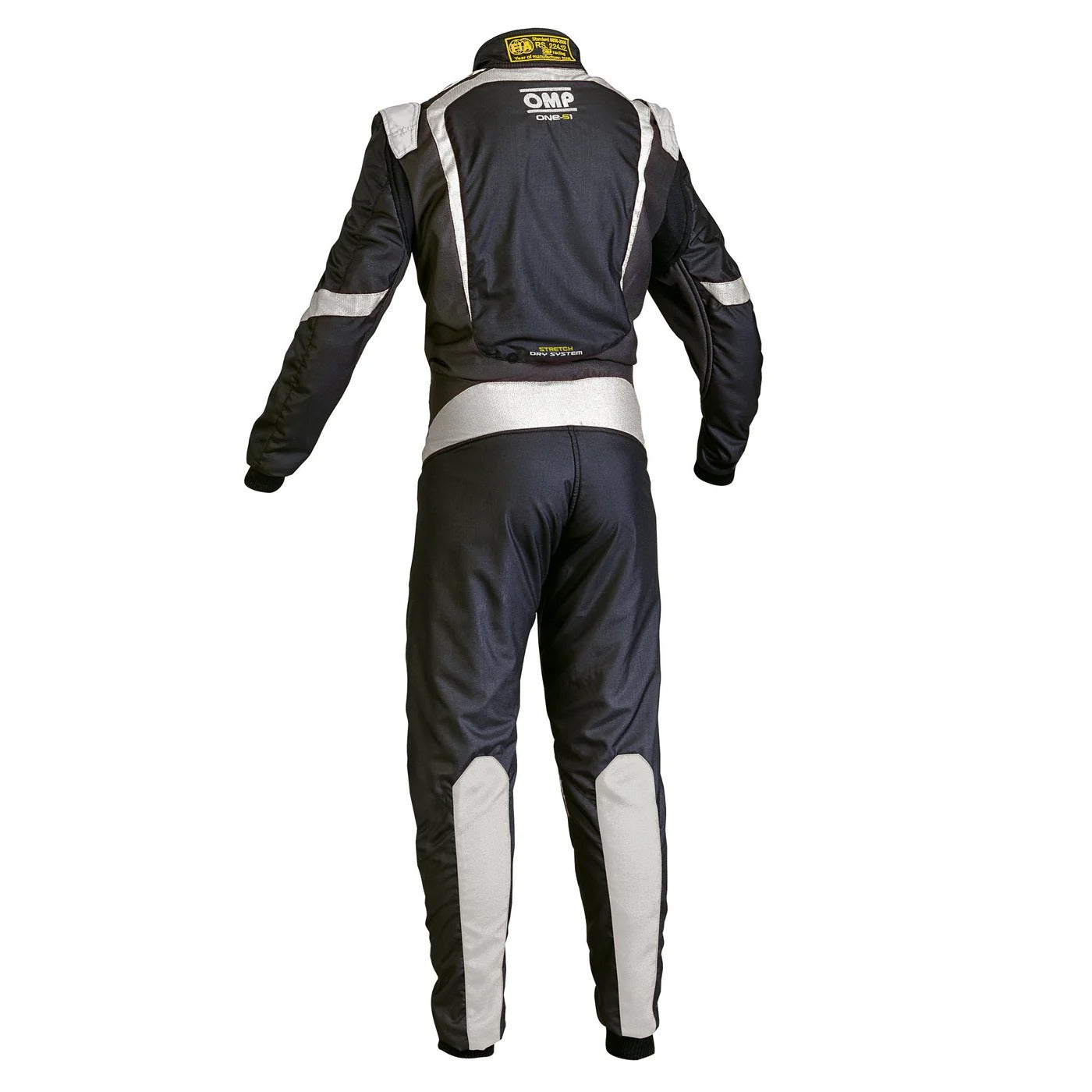 Back view of OMP ONE-S1 black kart racing suit showing reinforced seams, comfort padding, and aerodynamic cut for karting performance.