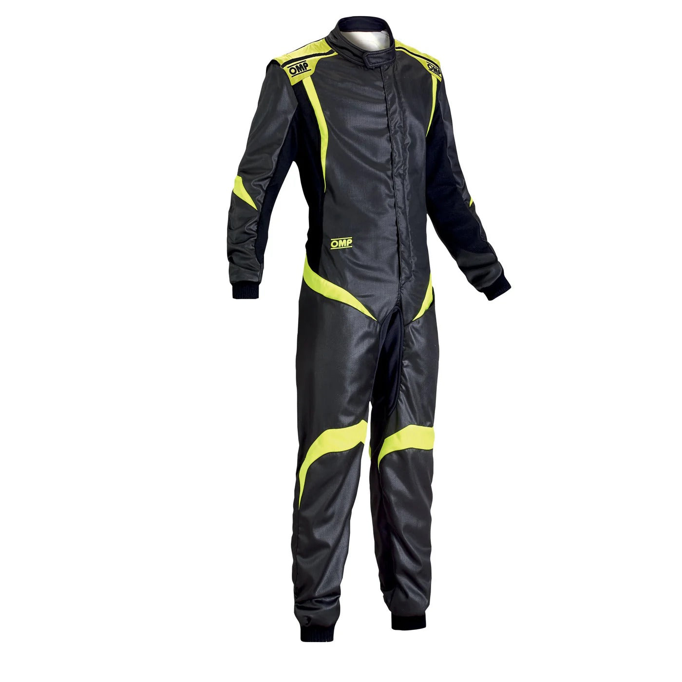 Black racing suit with yellow accents. Front view of OMP ONE-S1 kart racing suit with premium lightweight construction and professional racing design.