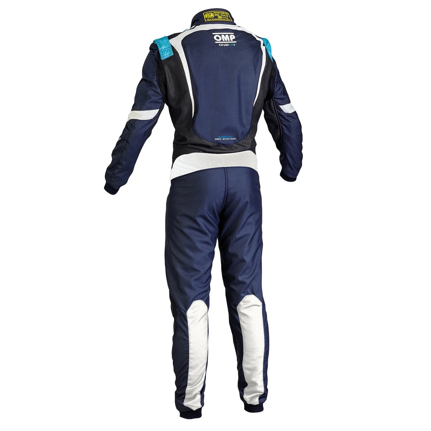 Navy and white racing suit. Back view of OMP ONE-S1 kart racing suit showing reinforced stitching, flexible stretch zones, and professional fit.
