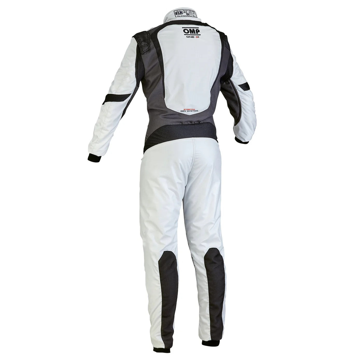 Back view of OMP ONE-S1 white kart racing suit showing reinforced panels, comfort lining, and modern racer-style design.