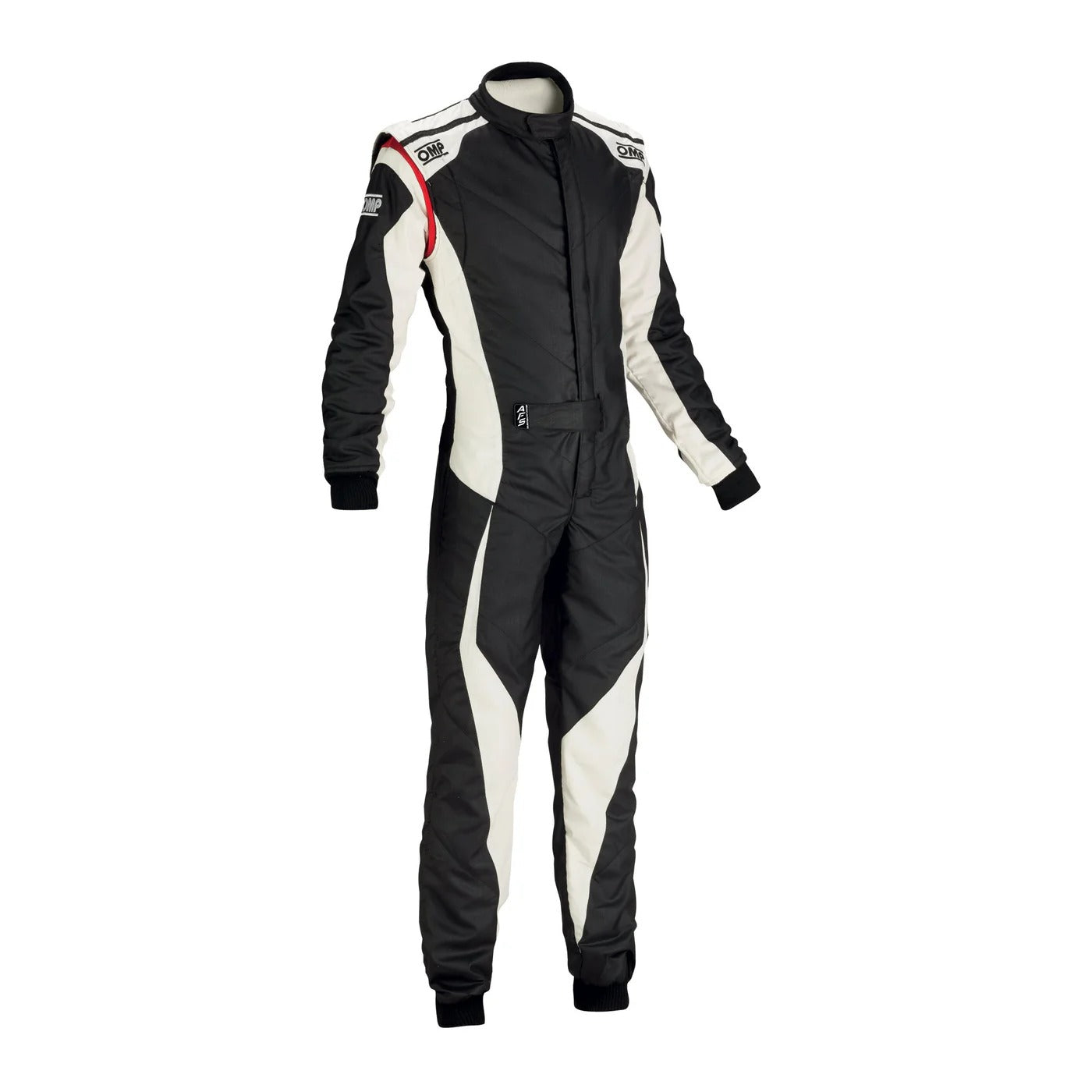 OMP TECNICA EVO Kart Racing Suit - Black / White racing suit on a white background