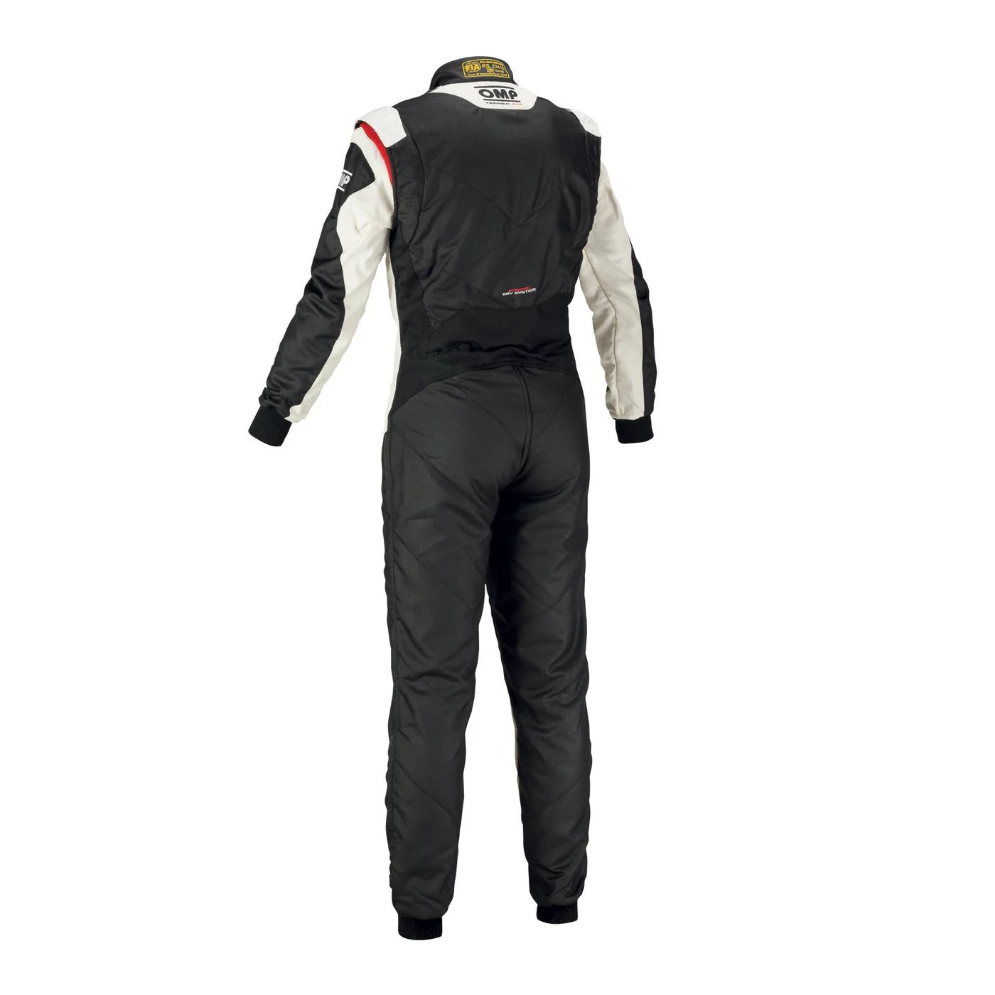 OMP TECNICA EVO Kart Racing Suit - Black / White racing suit on a white background