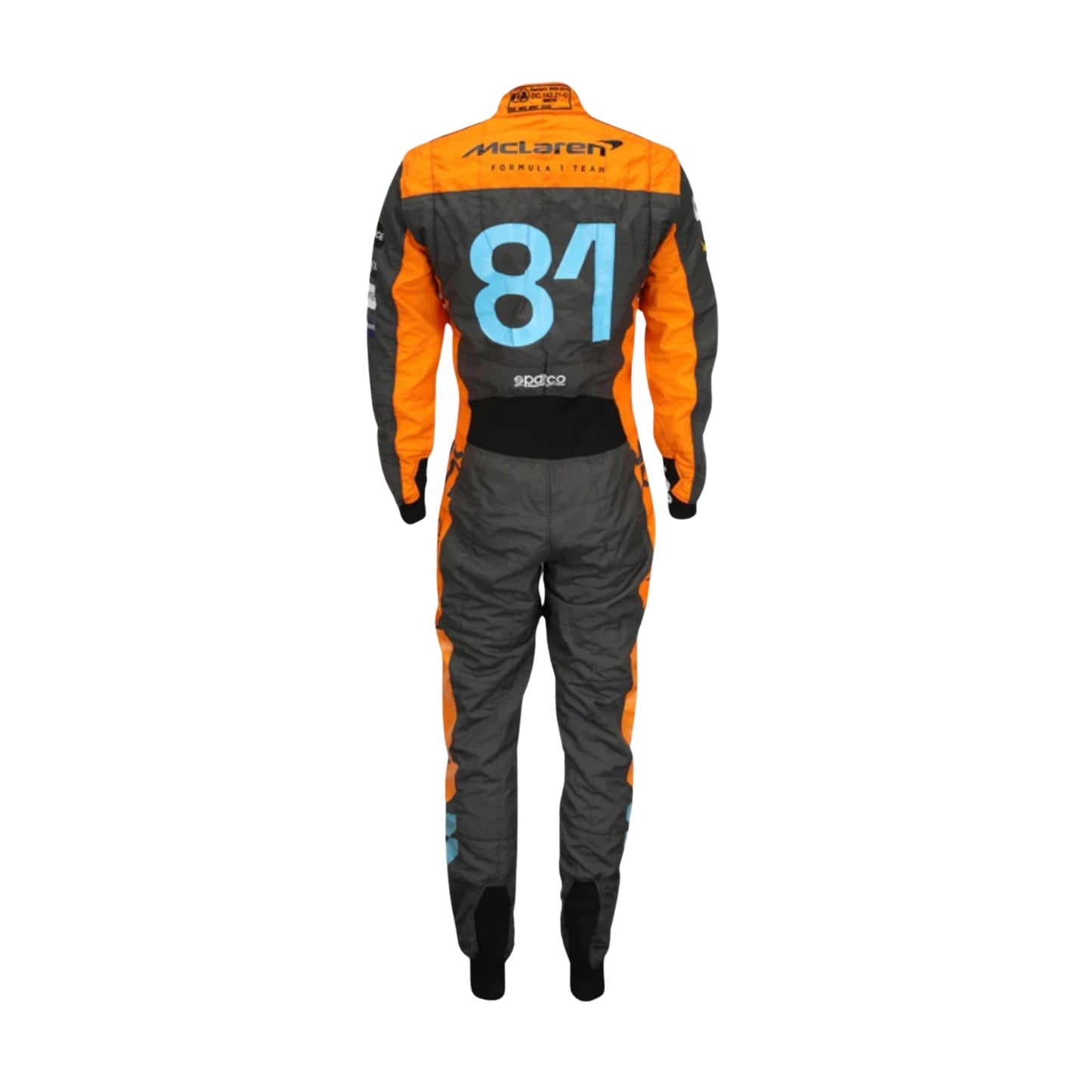Rear view of Oscar Piastri’s 2023 race suit displaying signature elements and sleek design lines suited for high-speed performance.