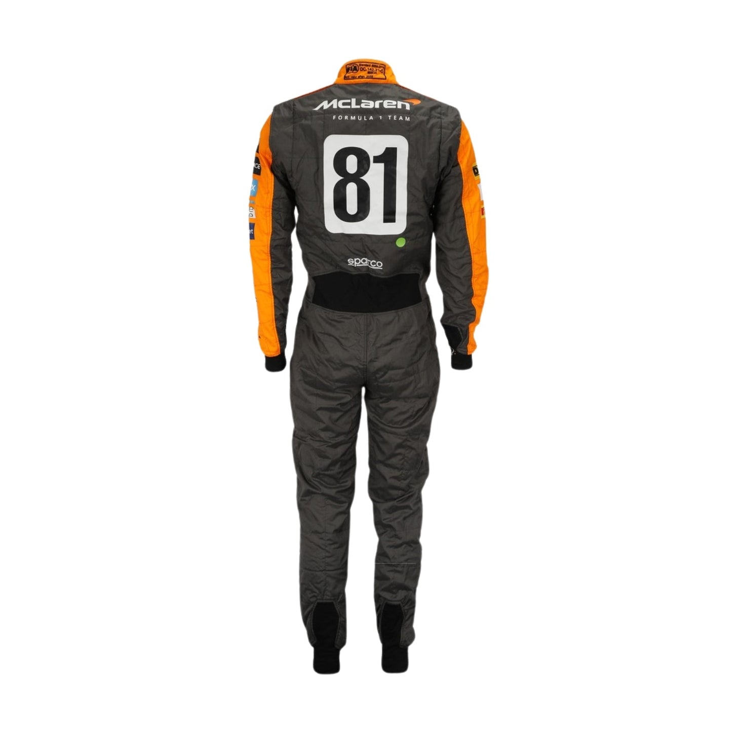 Rear view of Piastri's 2023 F1 racing suit from the Spanish Grand Prix, showcasing his name and race number with commemorative crown graphics.