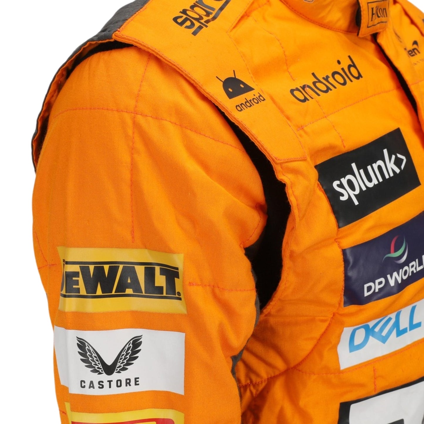 Close-up of Oscar Piastri’s 2023 Spanish GP race suit, emphasizing high-resolution logos, stitch detailing, and special edition ‘Triple Crown’ patchwork.