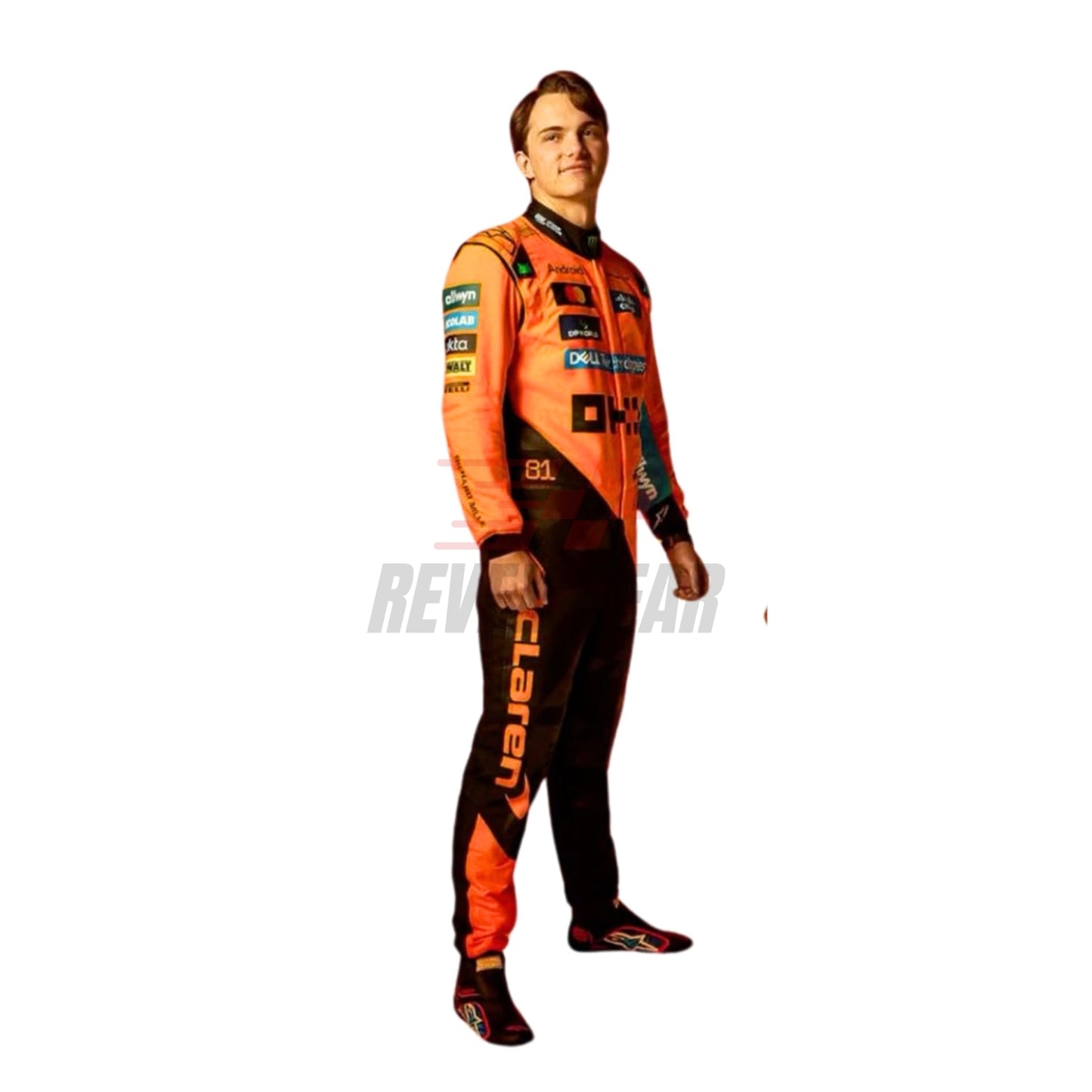 Right Side profile of the 2025 Formula 1 costume worn by Piastri highlighting tailored fit, lateral airflow inserts, and driver customization zones.