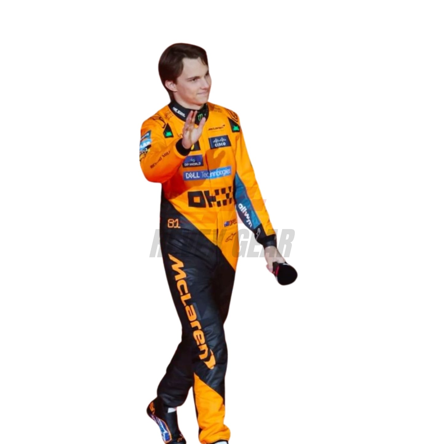 Front view of the 2025 F1 racing costume worn by Oscar Piastri featuring papaya orange with carbon black accents, aerodynamic stretch panels, and technical sponsor logos.