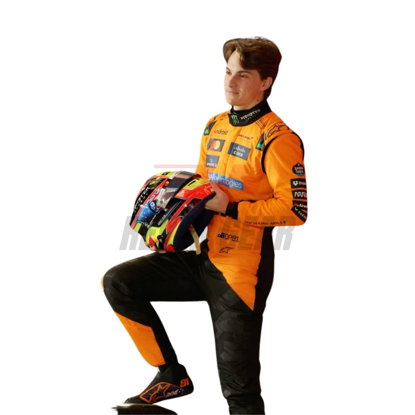 Left Side profile of the 2025 Formula 1 costume worn by Piastri highlighting tailored fit, lateral airflow inserts, and driver customization zones.