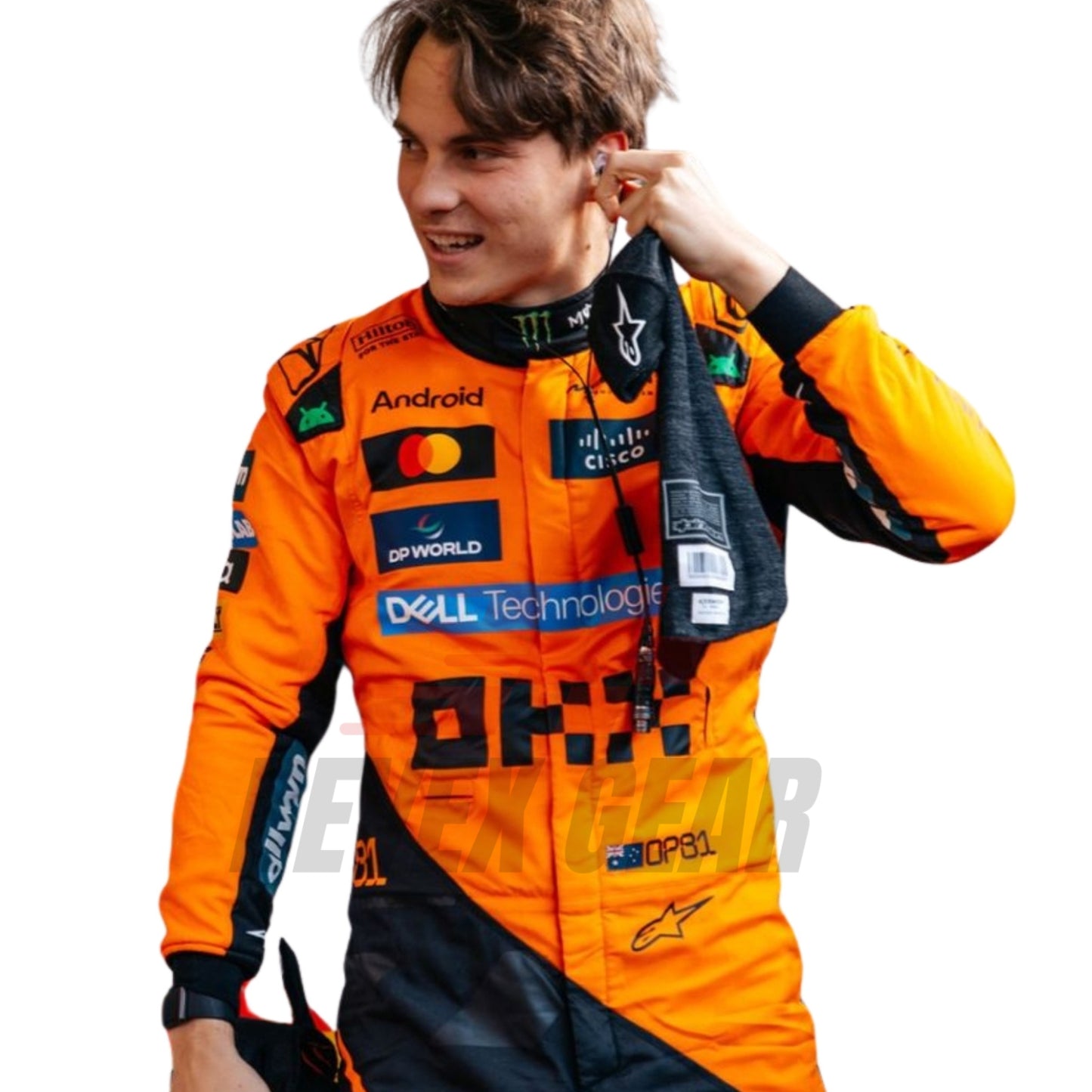 Close-up of fabric texture and detailed stitching on Oscar Piastri’s 2025 F1 racing costume showcasing premium finishes and logo embroidery.