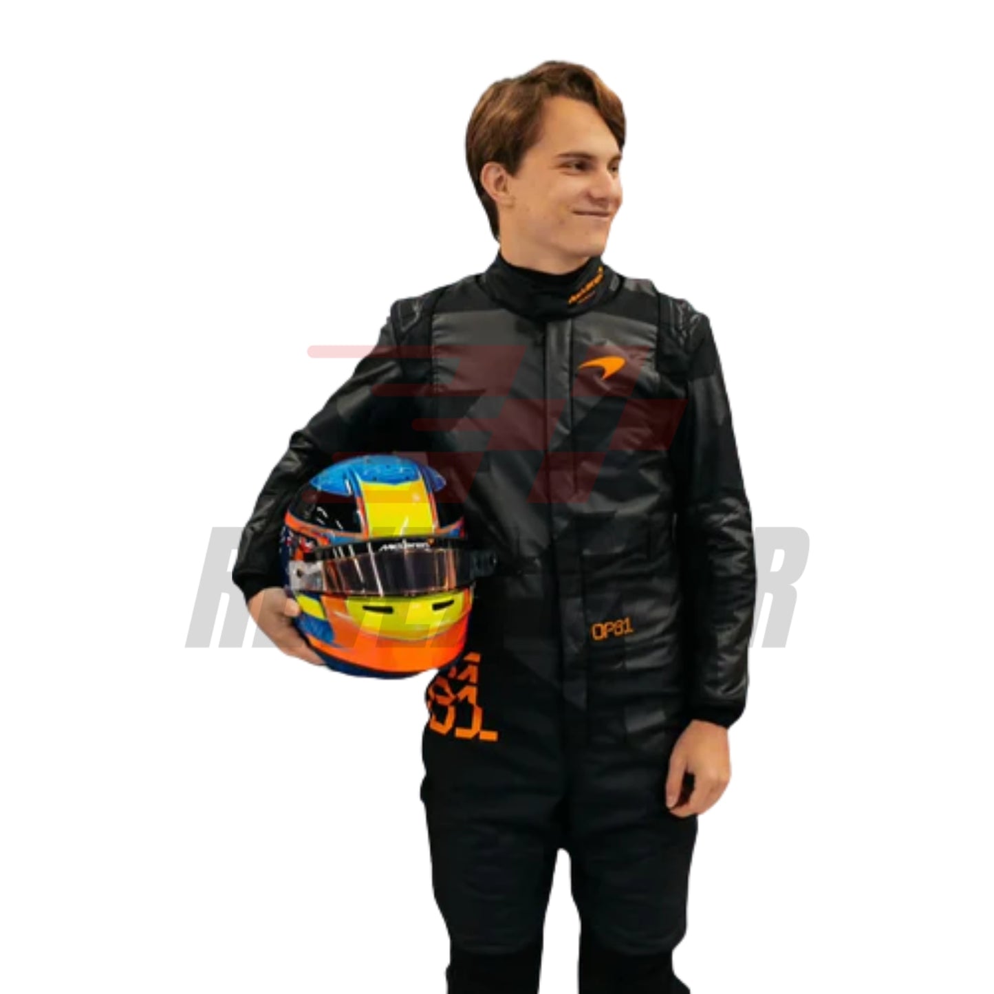 Front view of the 2025 McLaren F1 livery reveal racing costume worn by Oscar Piastri, featuring a sleek matte black base with bold orange logos and driver initials (OP81) in neon orange.