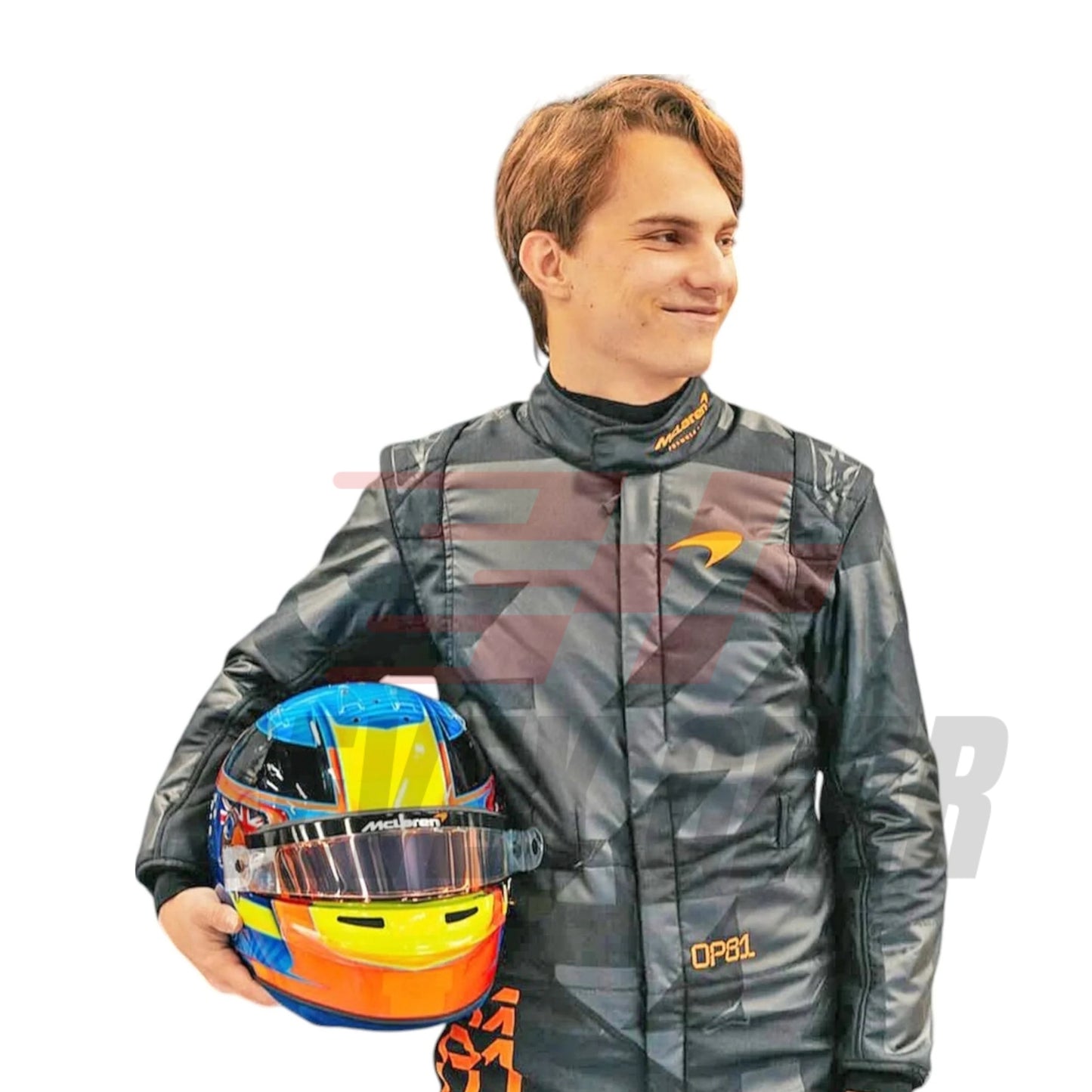 Close-up of Piastri holding custom-designed helmets — Piastri with a high-gloss blue-yellow-red helmet—contrasting the matte black suit.