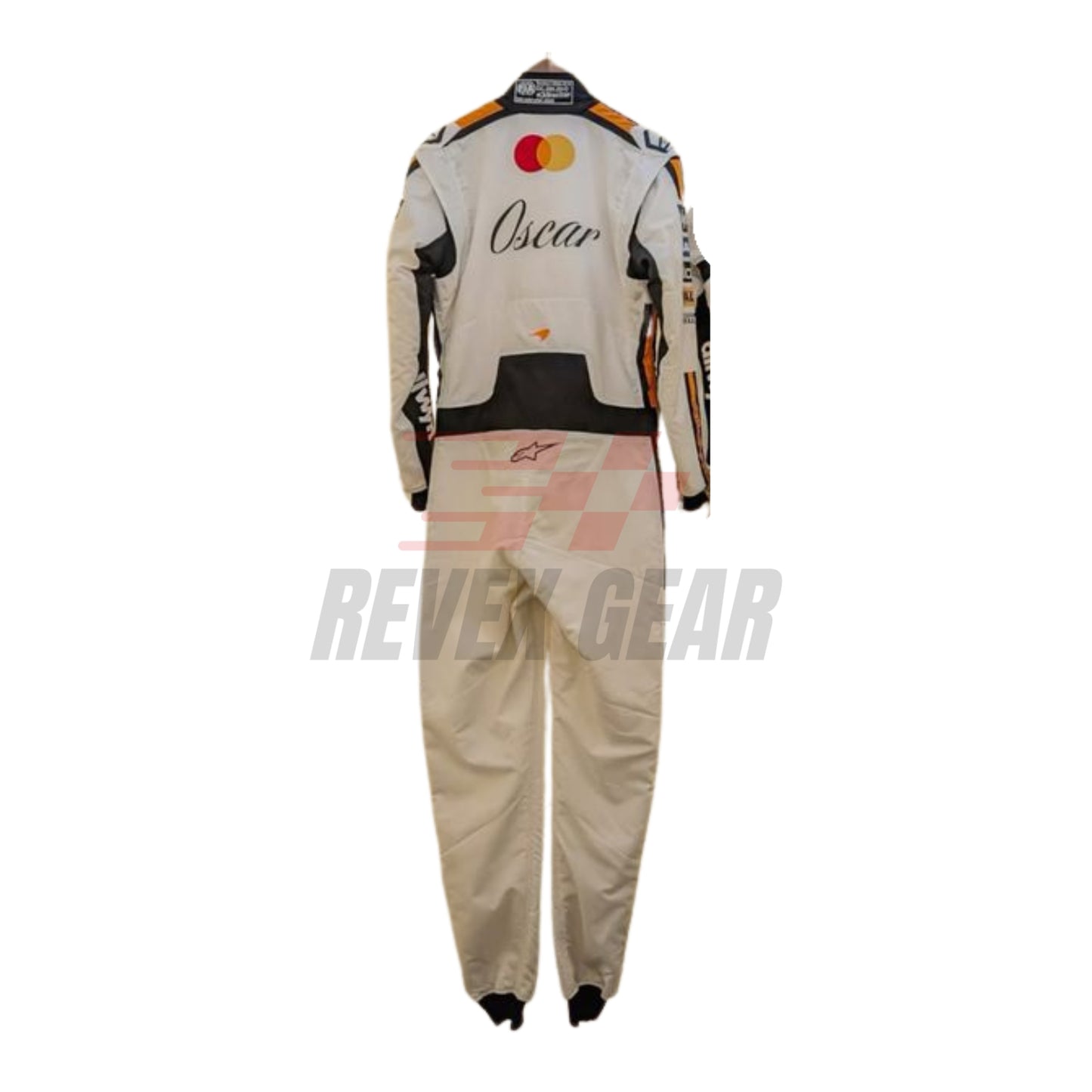 Rear view of the Monaco GP 2025 white race suit worn by Piastri, showcasing plain white tailored design, driver name badges, and subtle sponsor patches.