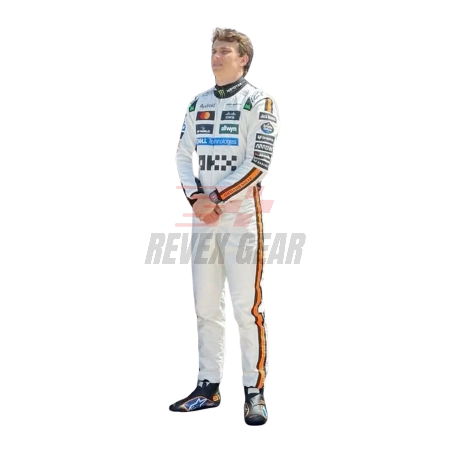 Front view of the 2025 Monaco GP white race suit worn by Oscar Piastri featuring classic black number in circle on a retro-inspired all-white base.