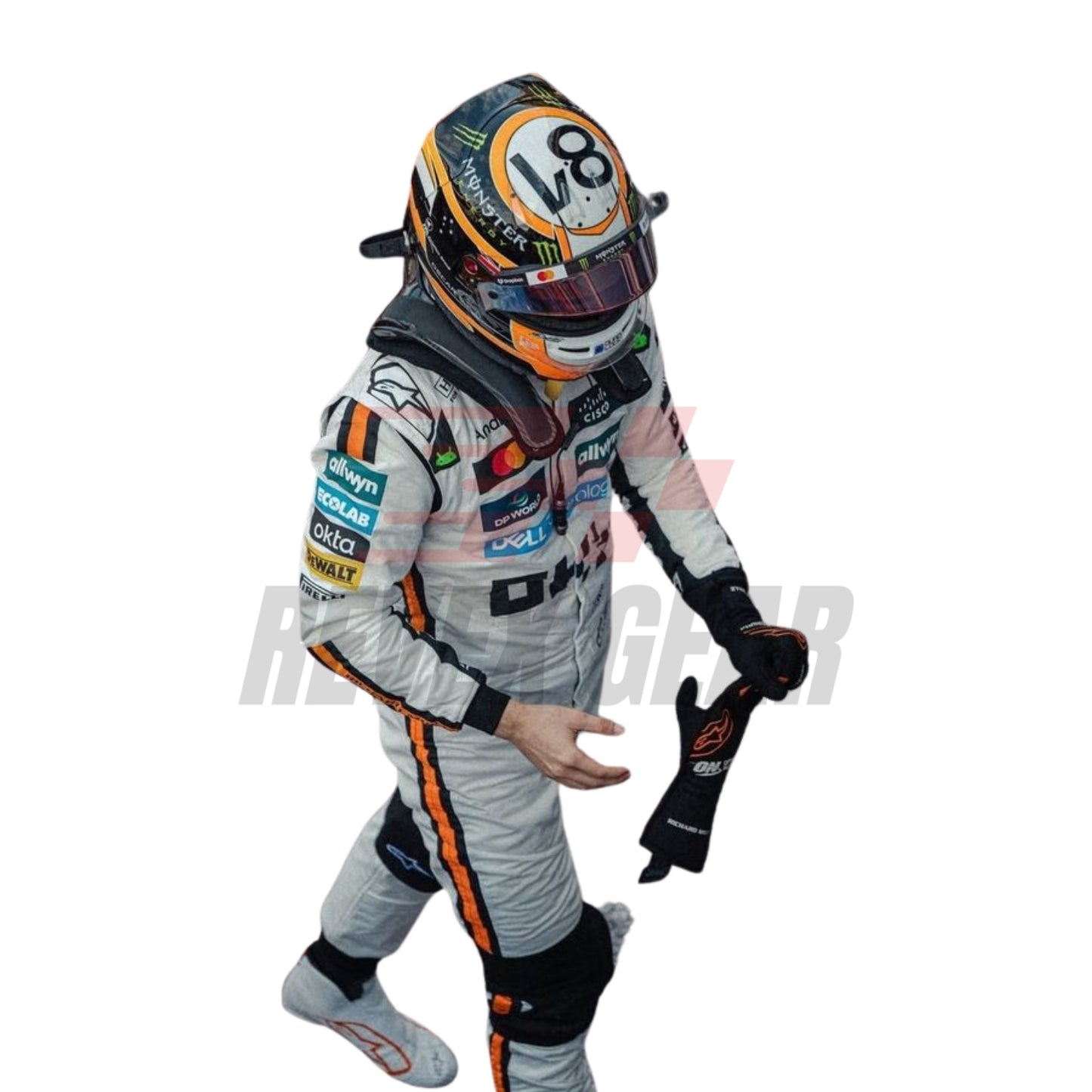 Close-up of the Monaco GP 2025 white racing suit fabric, highlighting crisp McLaren embroidery and precision stitching on the retro-style driver attire.