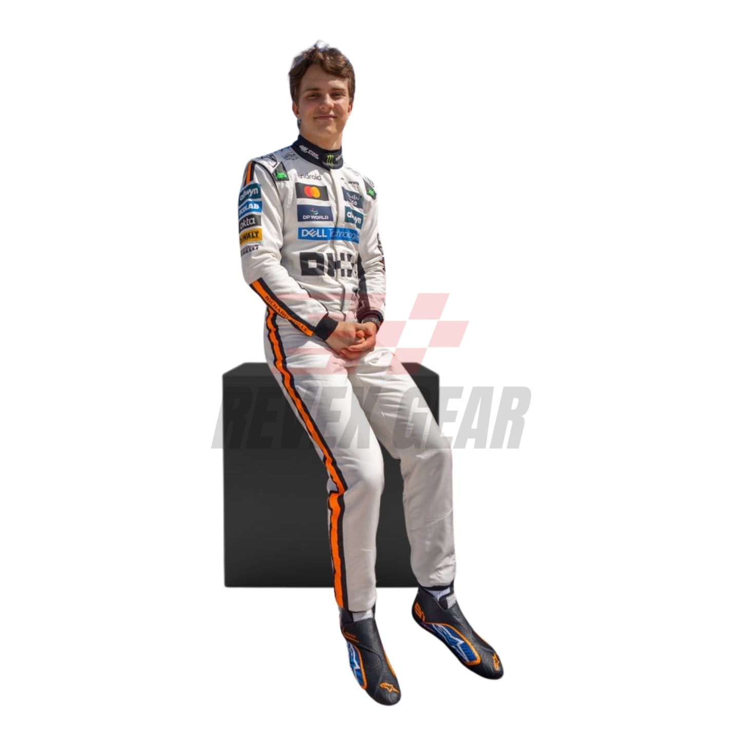 Front sitting view of the 2025 Monaco GP white race suit worn by Oscar Piastri featuring classic black number in circle on a retro-inspired all-white base.