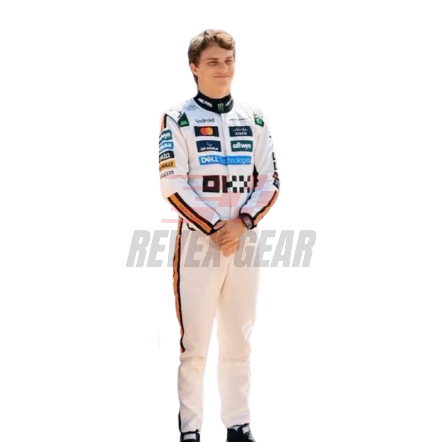 Front view of the 2025 Monaco GP white race suit worn by Oscar Piastri featuring classic black number in circle on a retro-inspired all-white base.