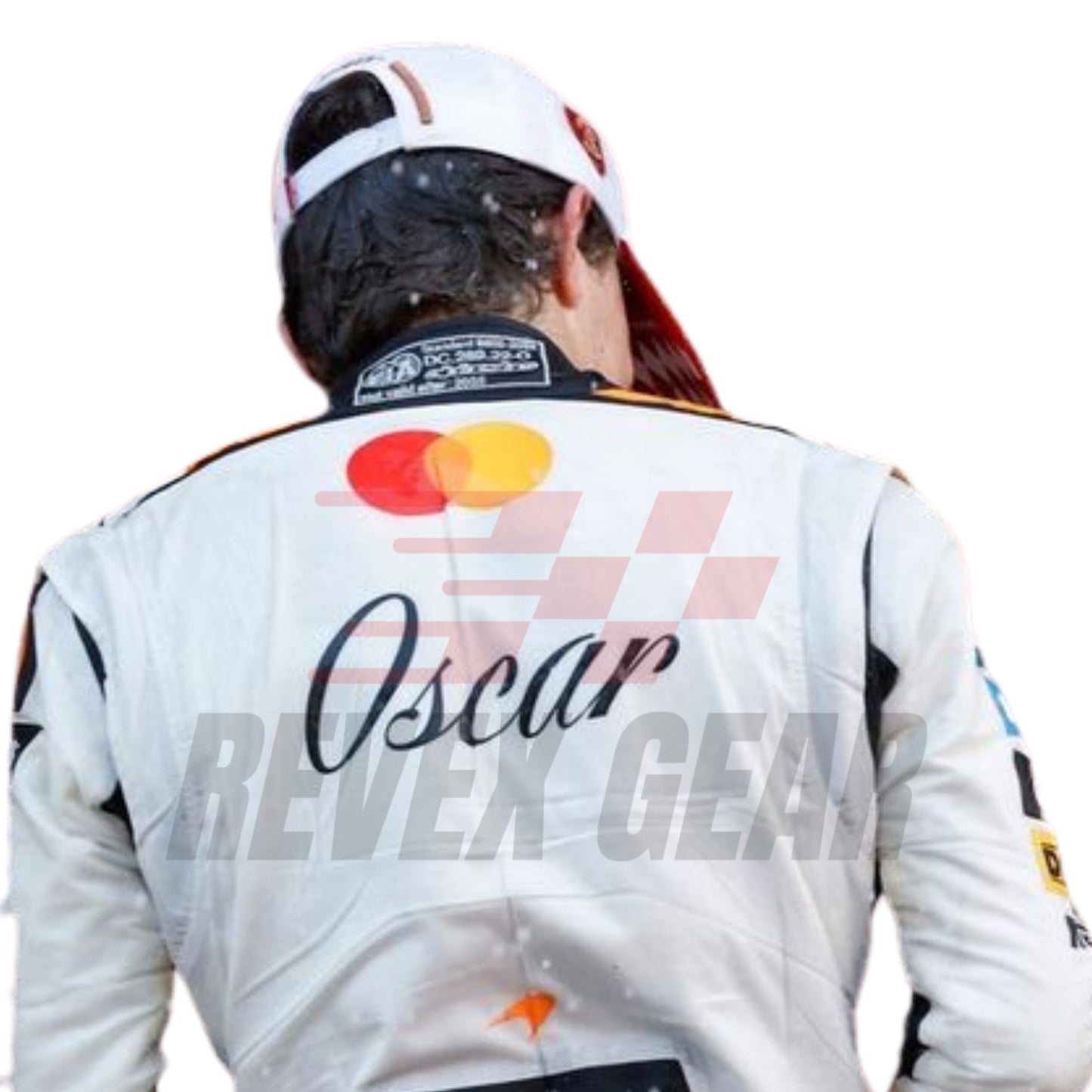 Rear view of the Monaco GP 2025 white race suit worn by Piastri, showcasing plain white tailored design, driver name badges, and subtle sponsor patches.