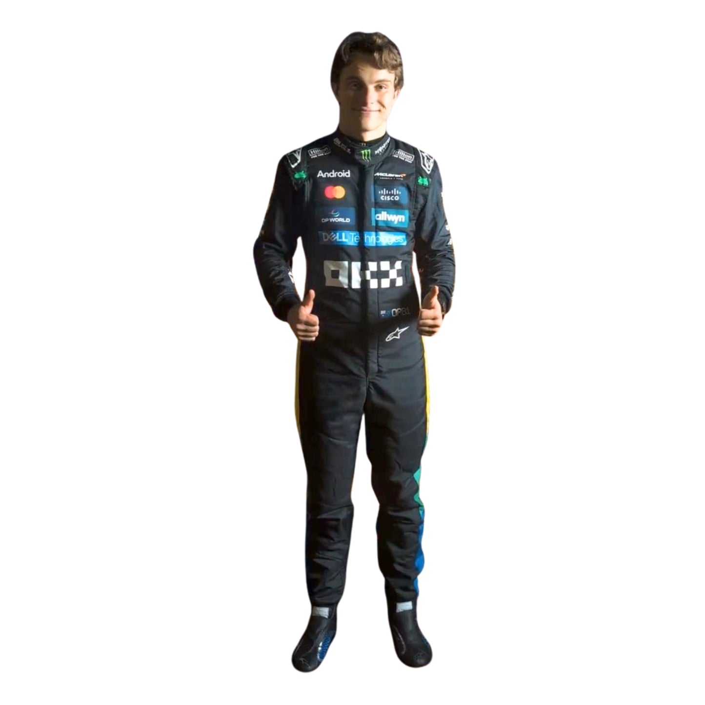 Oscar Piastri 2025 Silverstone British GP F1 racing suit front view wearing a racing suit with various sponsor logos on a white background