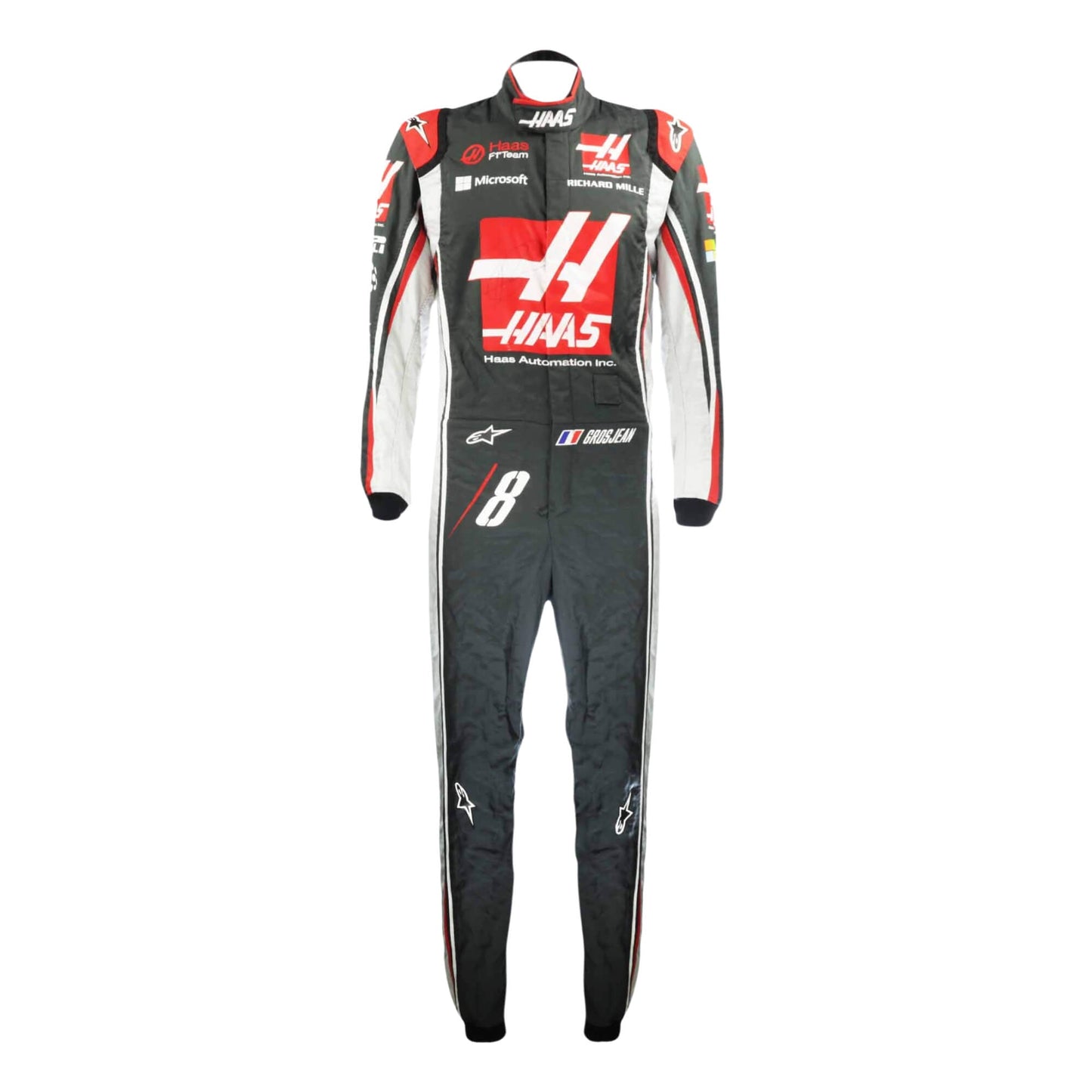 Romain Grosjean’s 2017 F1 racing suit, front view, showcasing embroidered sponsor logos, and performance-driven design tailored for racing.