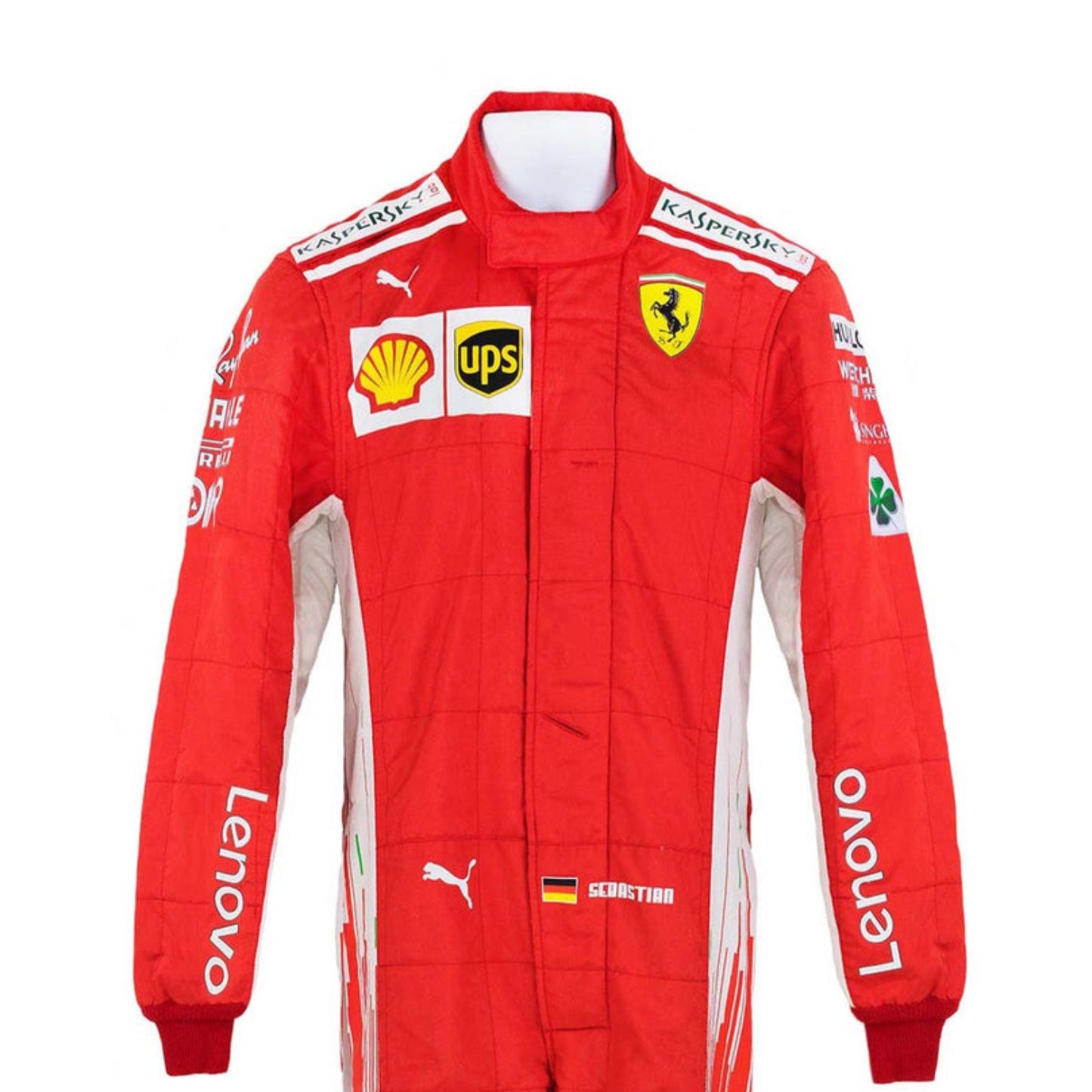Close-up of Sebastian Vettel’s 2018 racing suit, emphasizing the fine stitching, vivid red texture, and white contrast elements.