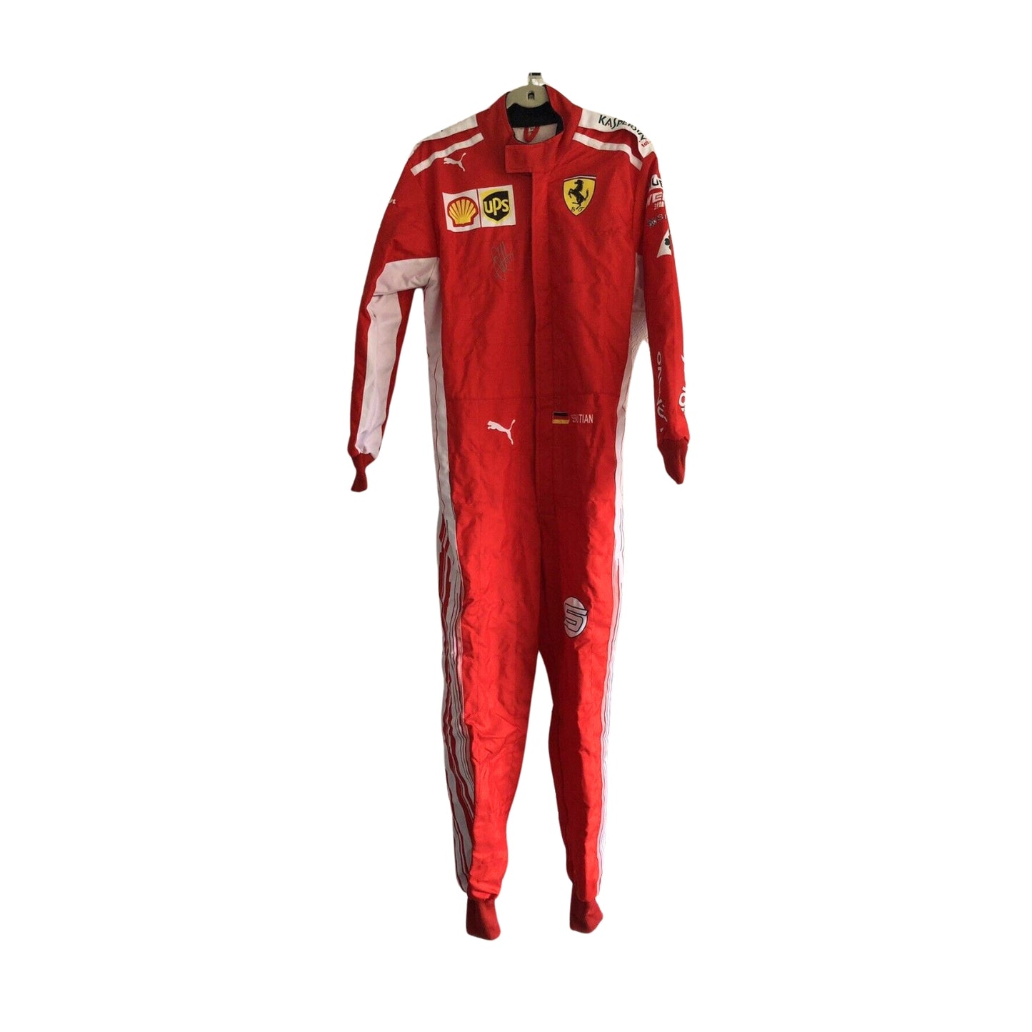 Front view of Sebastian Vettel’s 2018 F1 racing suit featuring a vibrant red color with sharp white sponsor logos, designed for top-tier performance.