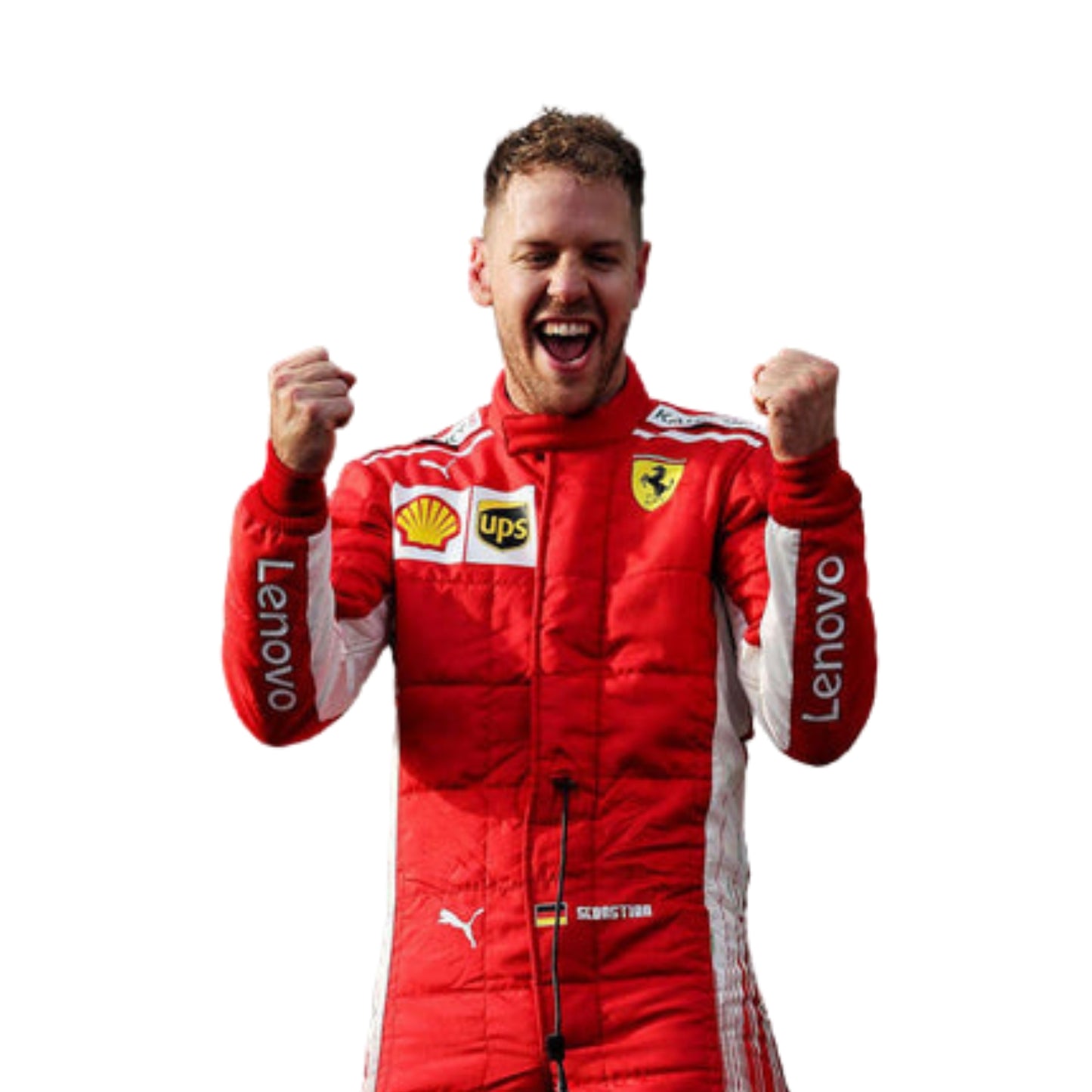 Close-up of Sebastian Vettel’s 2018 racing suit, emphasizing the fine stitching, vivid red texture, and white contrast elements.