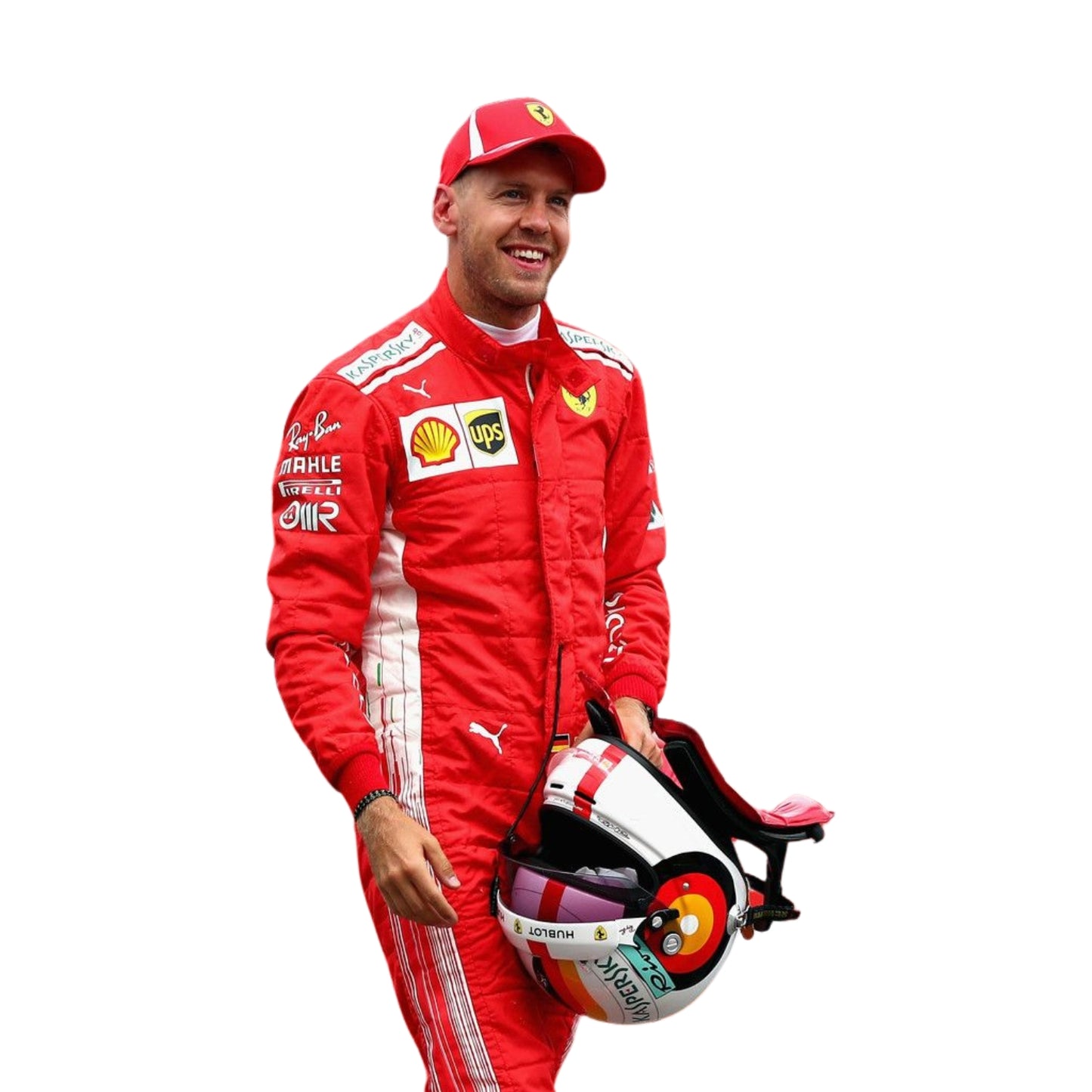 Close-up of Sebastian Vettel’s 2018 racing suit, emphasizing the fine stitching, vivid red texture, and white contrast elements.