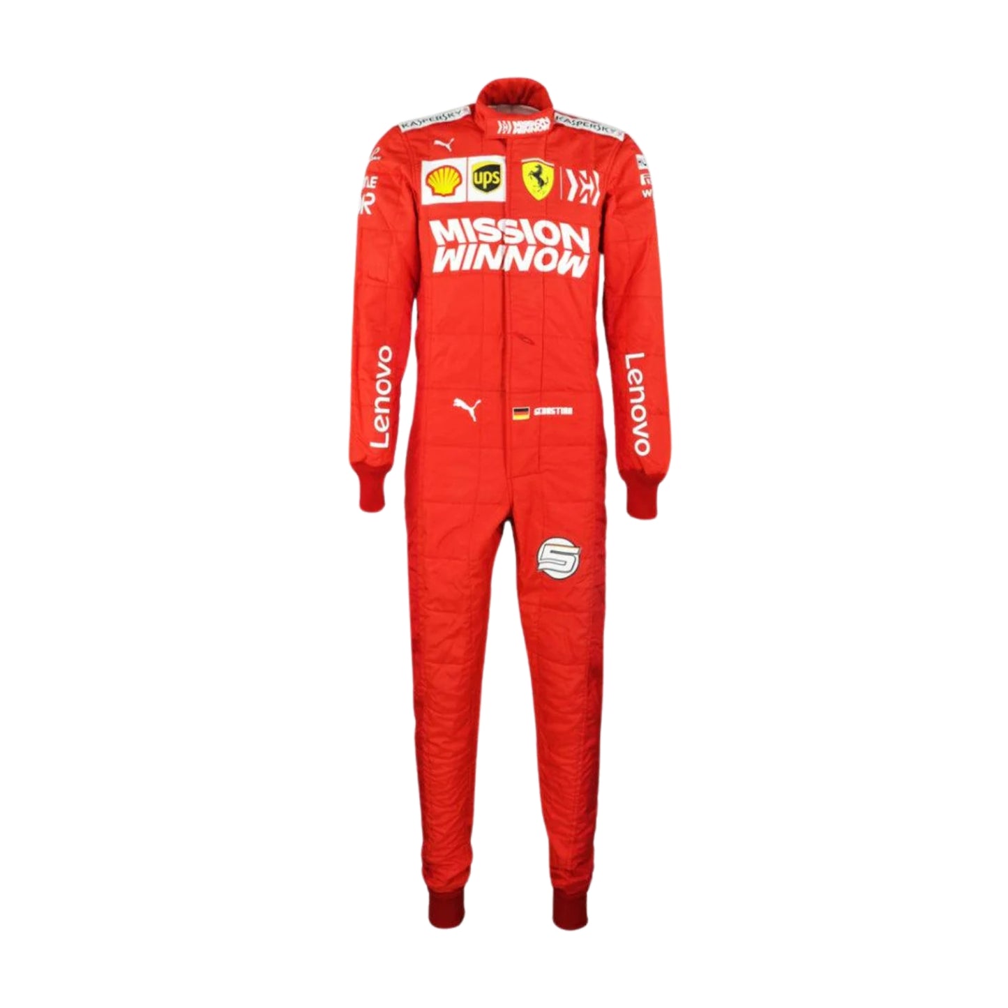 Front view of Sebastian Vettel’s 2019 Brazilian GP racing suit in bright red with bold white sponsor logos, reflecting the speed and precision of the race.