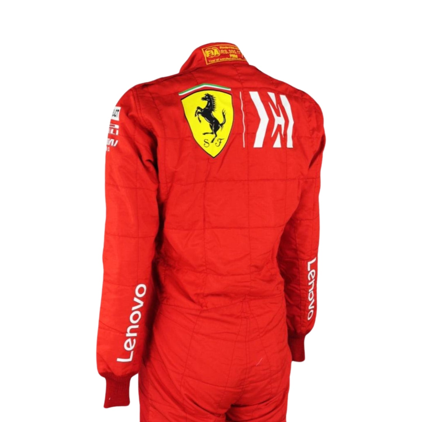 Back view of the 2019 Brazilian GP racing suit worn by Sebastian Vettel, showcasing a dominant red color with clean white sponsor markings across the back.