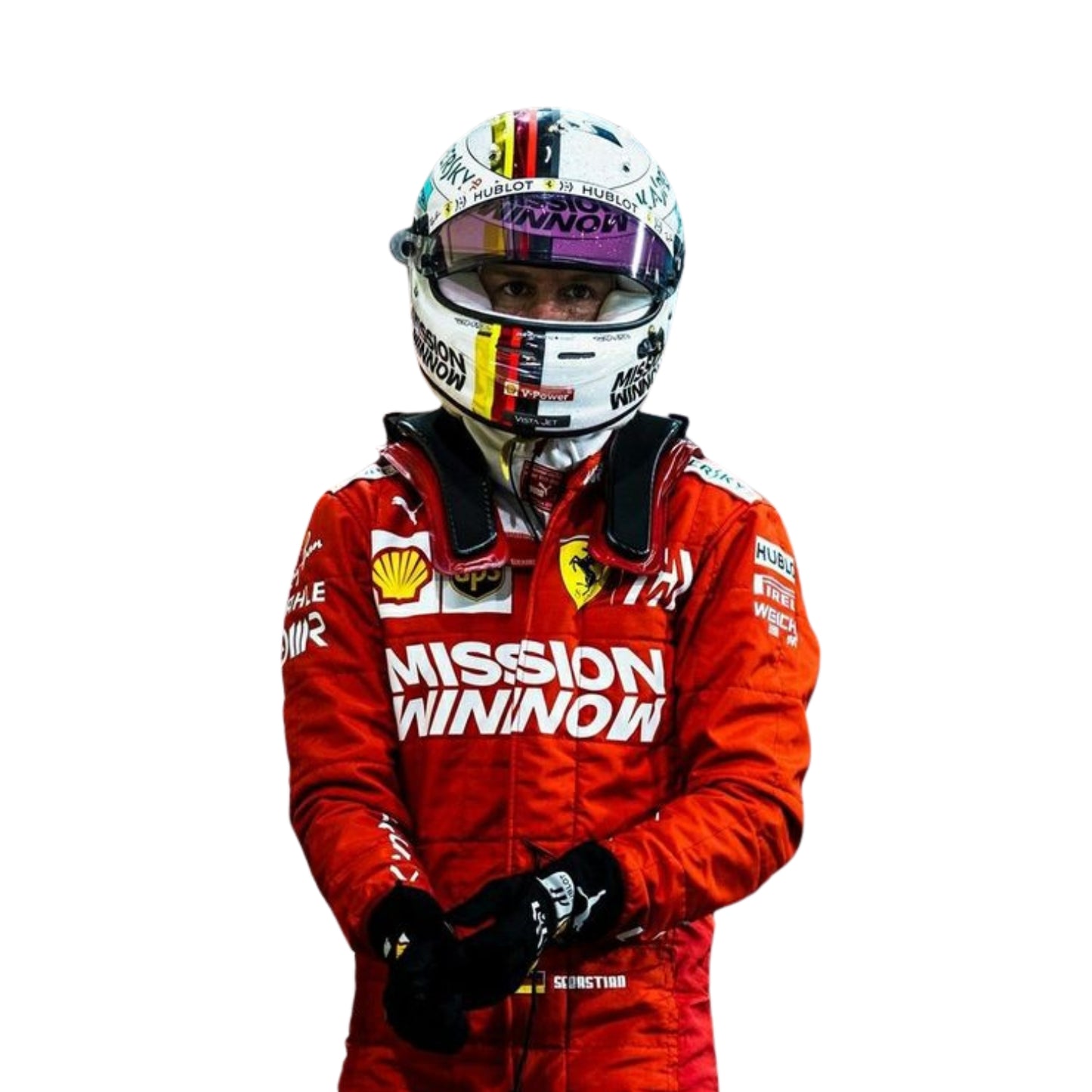 Close-up of Sebastian Vettel’s 2019 Brazilian GP racing suit, emphasizing fine details in the red fabric with crisp white logos and stitching.