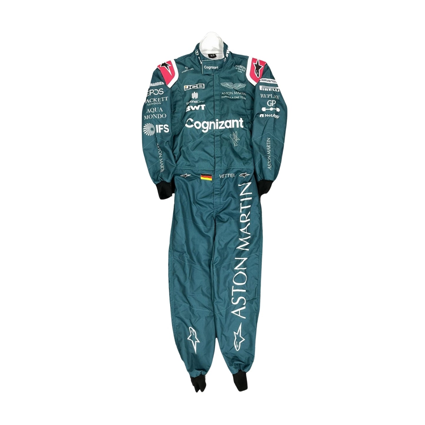2021 Sebastian Vettel F1 Racing Suit Front View, Green Design, Embroidered Logos, Full Zipper Closure