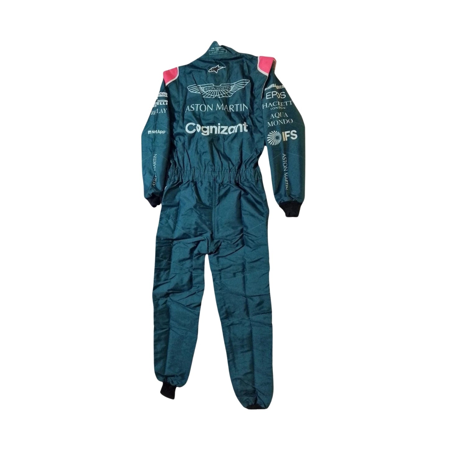 2021 Sebastian Vettel F1 Racing Suit Back View, Sponsor Detailing, Contoured Shape, Stretch Panels