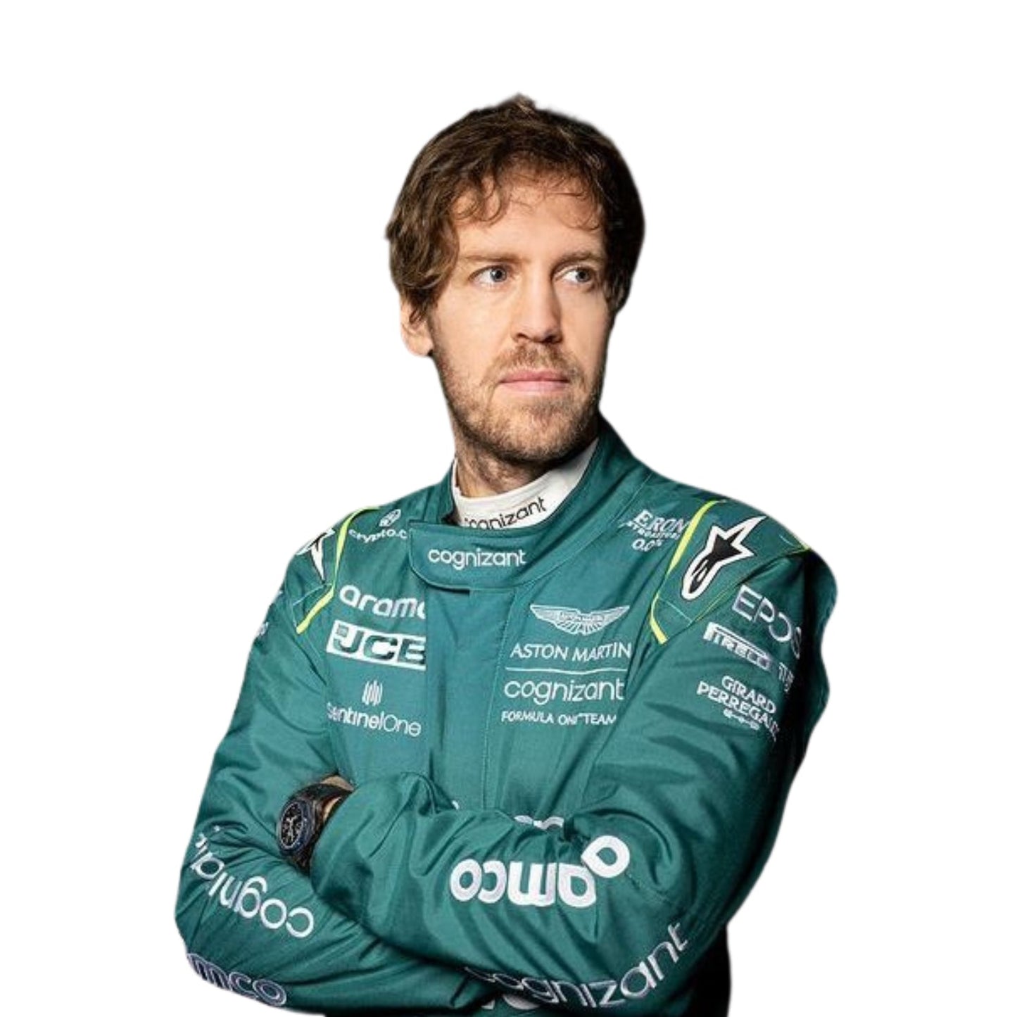 Side profile of Sebastian Vettel's 2022 F1 suit in British racing green, showcasing the tailored fit and contrasting lime stripes along the sleeves