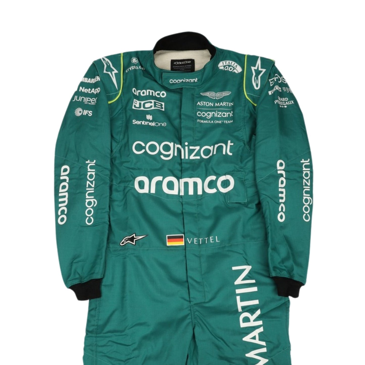 Close up Front view of Sebastian Vettel's 2022 F1 racing suit in British racing green with lime accents, highlighting the ergonomic design