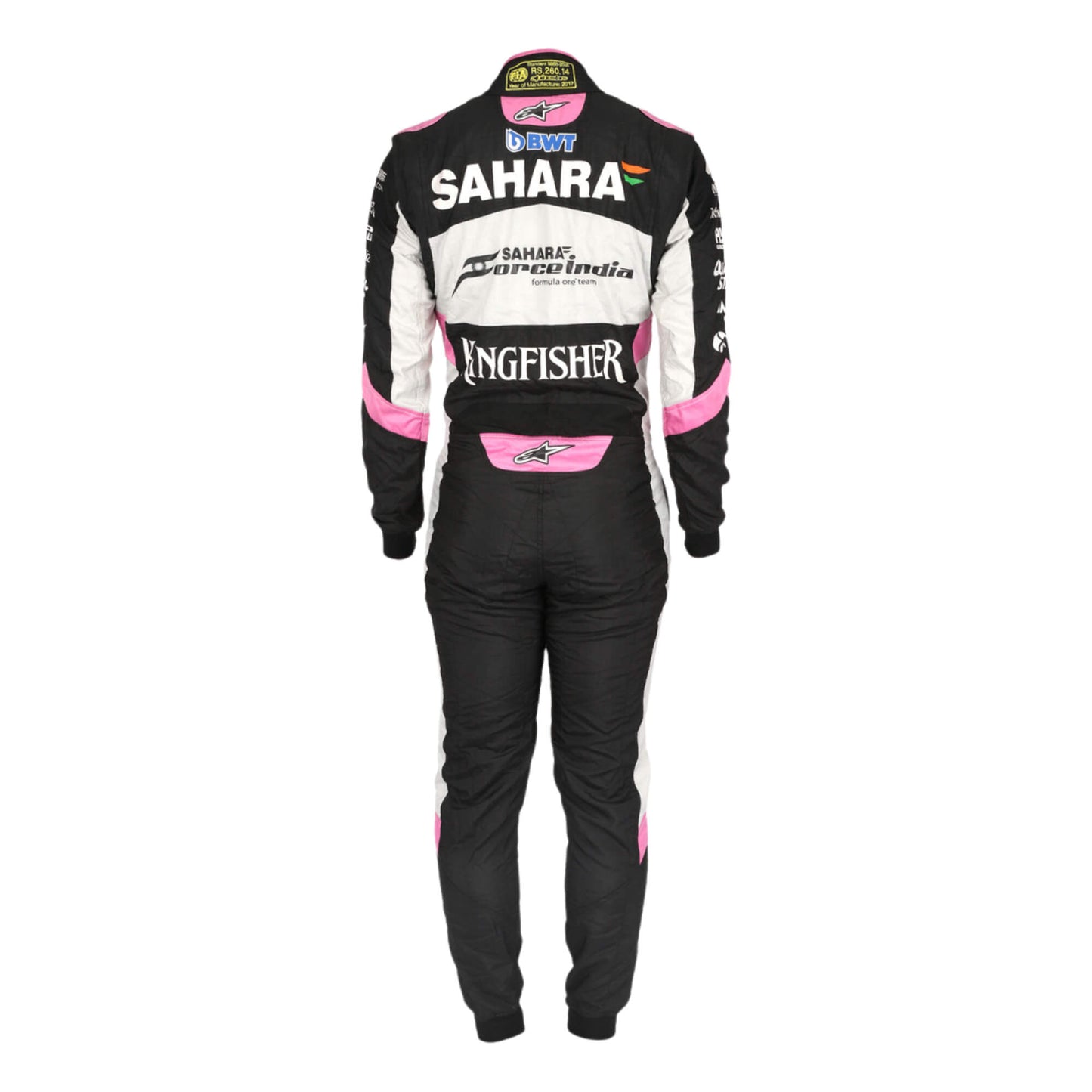 Back view of Sergio Perez 2017 racing suit showing name placement, number design, and multi-logo layout