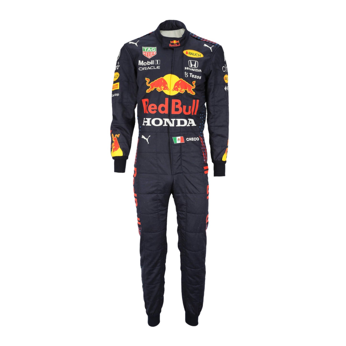 Front View of Sergio Perez 2021 F1 Racing Suit showing detailed sponsor logos, including intricate stitching and the aerodynamic fit designed for high-performance racing. The vibrant colors and sleek design reflect the suit’s purpose on the track.