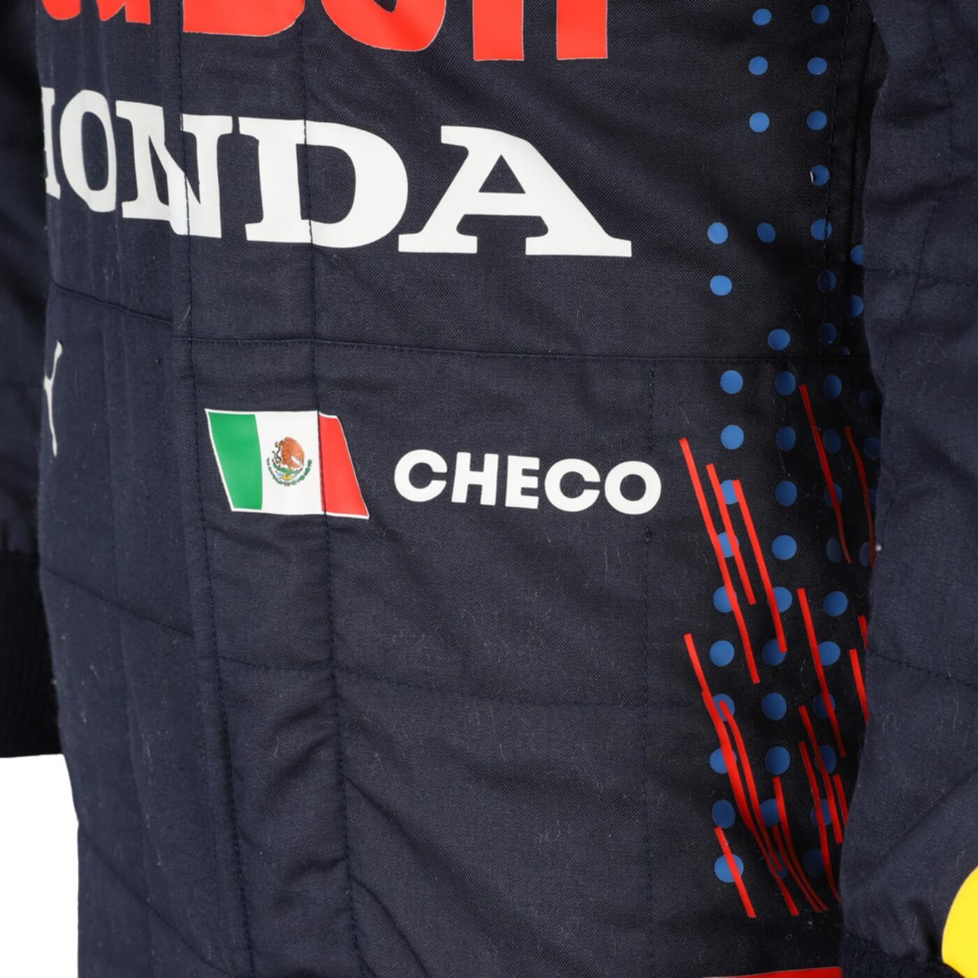 A detailed shot of the Sergio Perez 2021 F1 Racing Suit capturing the fine fabric details, precise stitching, and sponsor logos. This close-up view highlights the advanced materials used for comfort and performance during intense races.