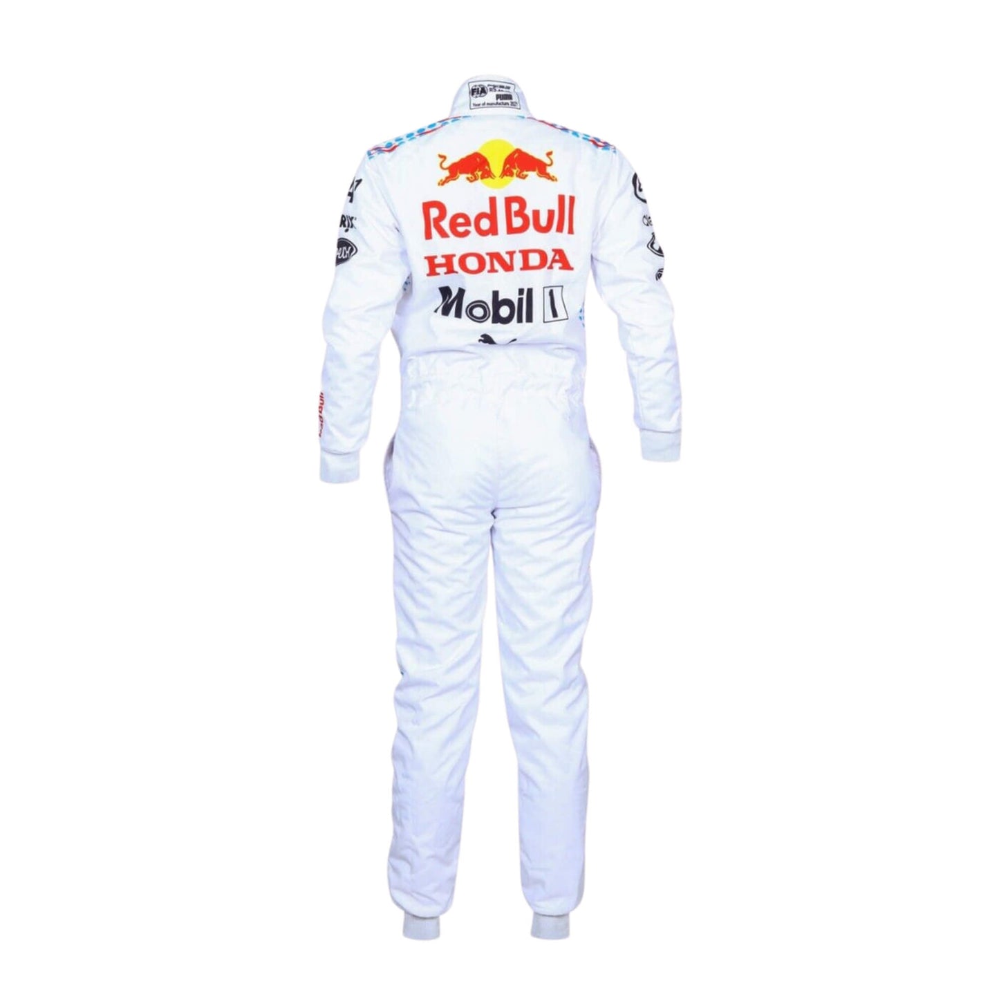 The rear of the Sergio Perez 2021 Turkish GP racing suit featuring the team's logo prominently, along with sponsor logos and the suit's ergonomic design, supporting maximum flexibility for the driver.