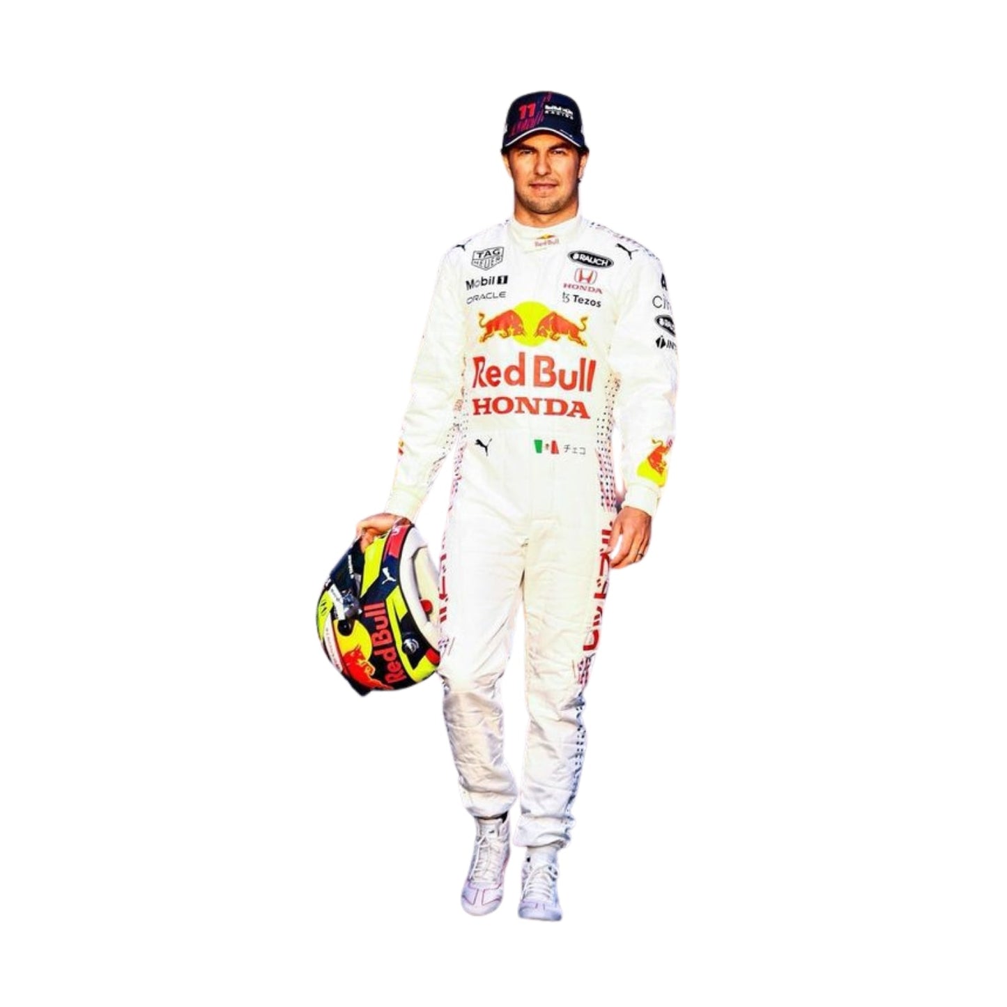 Detailed close-up of Sergio Perez 2021 F1 Racing Suit showing team Red Bull's iconic sponsor logos, sleek design, and intricate patterns. The suit features advanced materials designed for optimal race performance, with sponsor logos across the chest, arms, and legs.