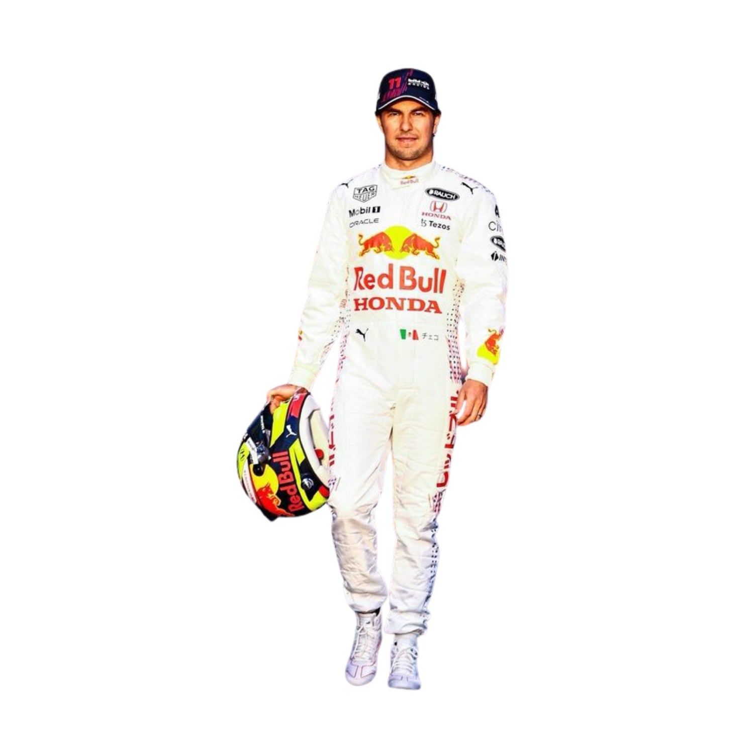 Detailed close-up of Sergio Perez 2021 F1 Racing Suit showing team Red Bull's iconic sponsor logos, sleek design, and intricate patterns. The suit features advanced materials designed for optimal race performance, with sponsor logos across the chest, arms, and legs.