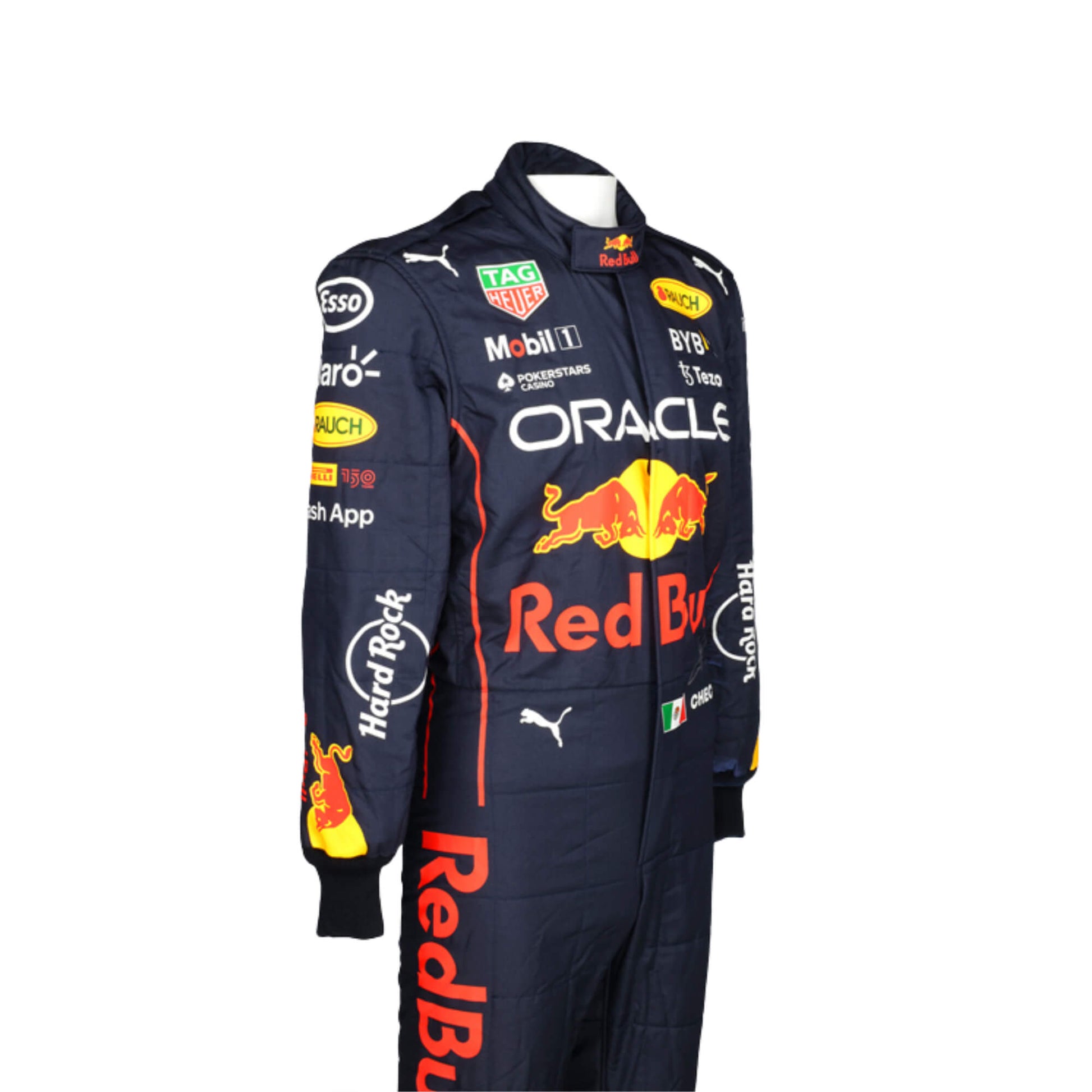 Right Side profile of Sergio Perez 2022 F1 suit – sleek navy and red color scheme with sharp tailoring