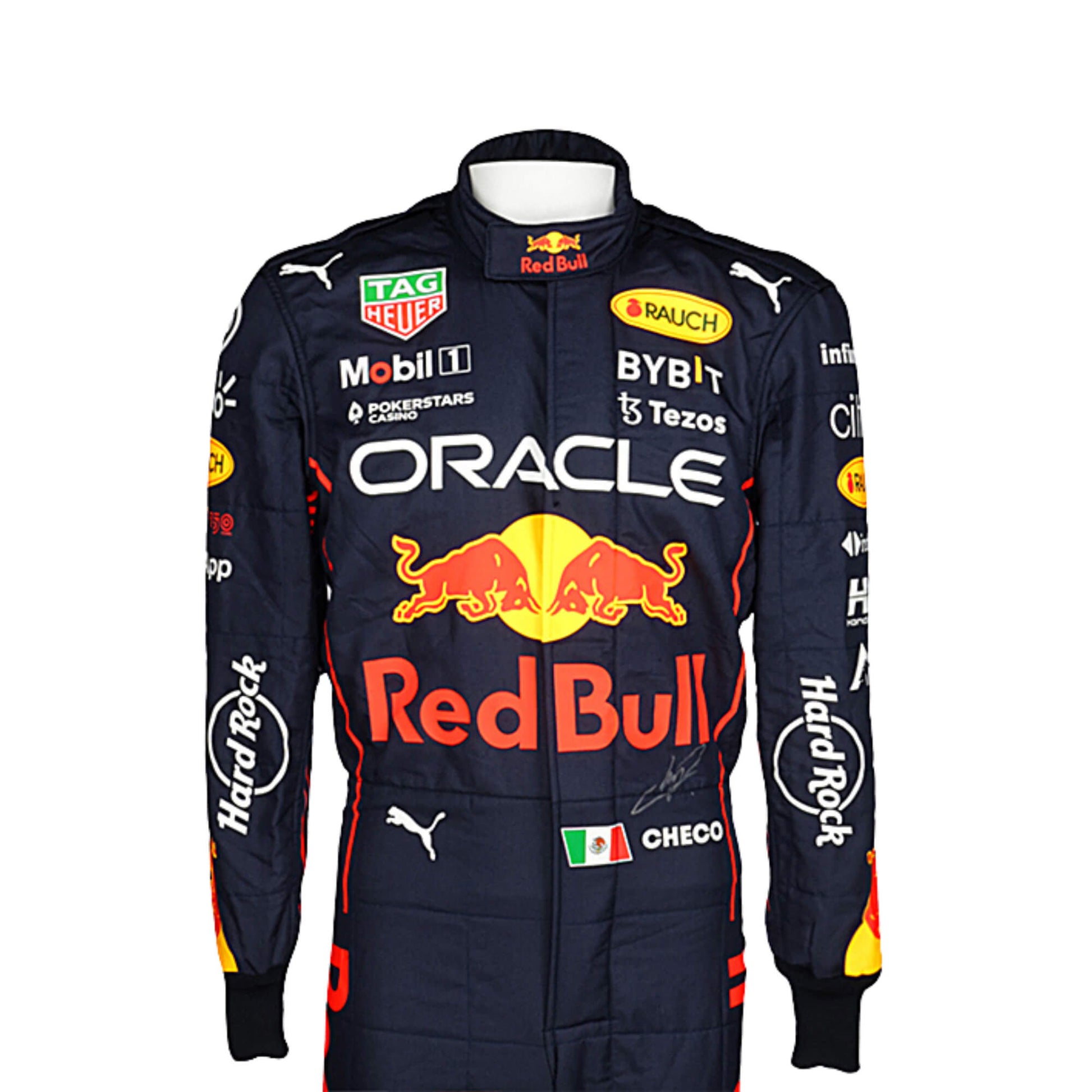 Front Close-up of Sergio Perez 2022 racing suit – navy blue suit with bold red accents, premium stitching, and textured fabric.