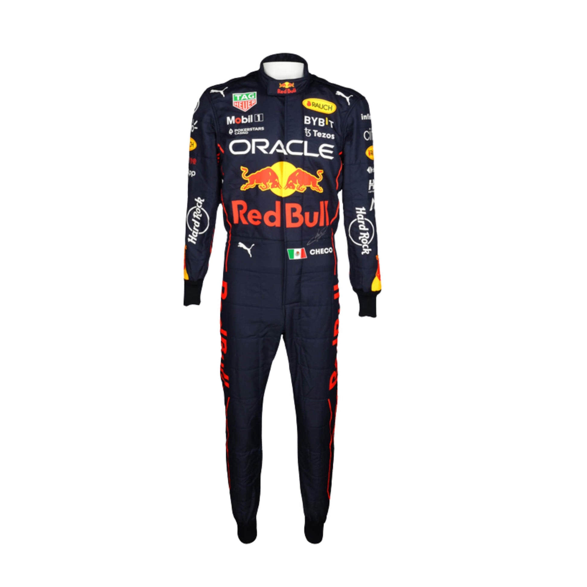 Sergio Perez 2022 F1 racing suit – front view of navy blue and red suit with detailed design