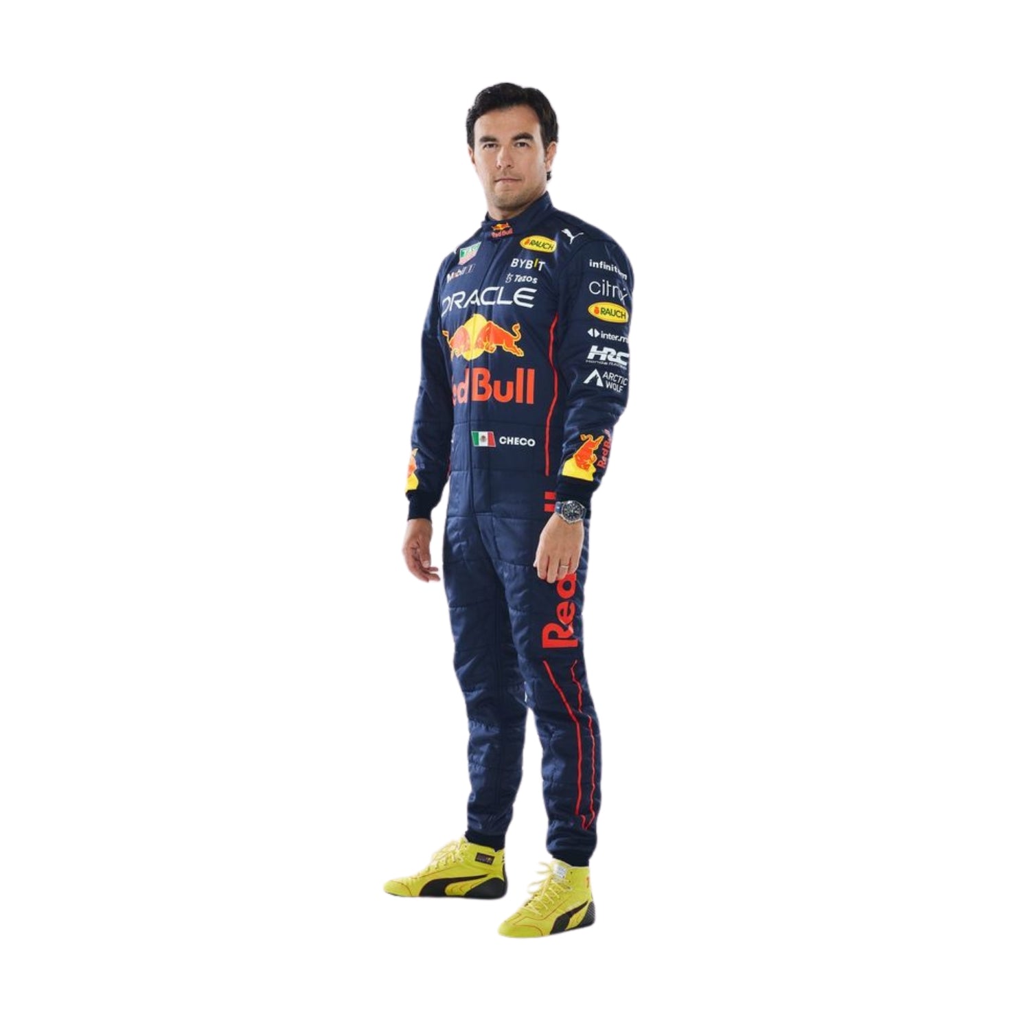 Sergio Perez 2022 F1 racing suit – front view of navy blue and red suit with detailed design and race-fit structure.