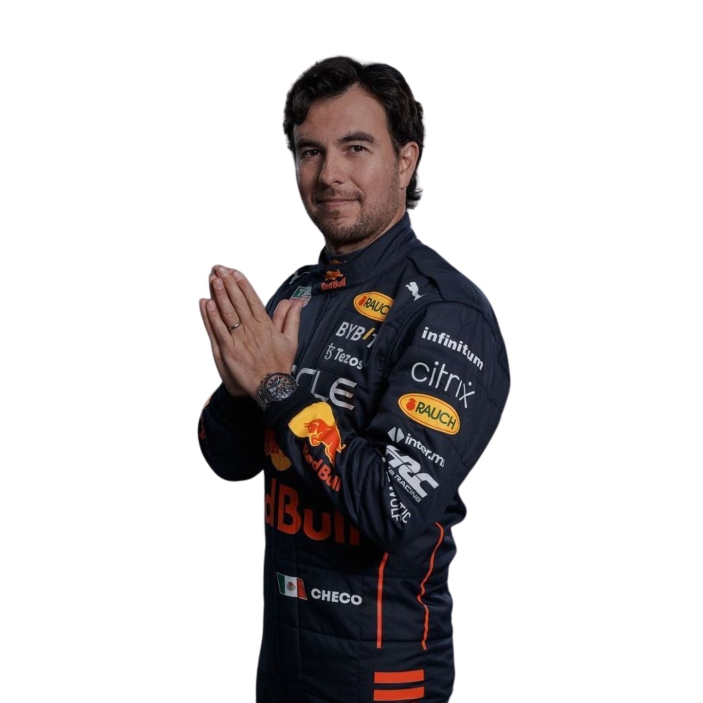 High-resolution image of Sergio Perez 2022 F1 suit – dark blue racing suit with red highlights, ideal for fans and collectors