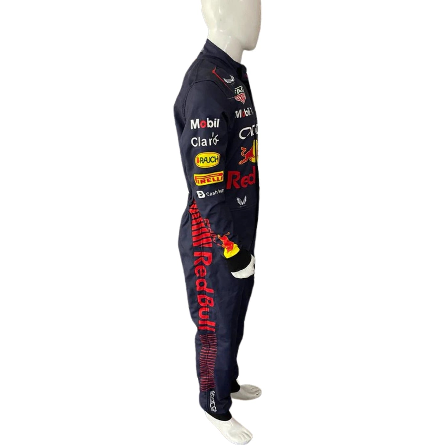 Left Side profile of Perez’s 2023 F1 suit showing sleek contour lines, breathable fabric panels, and contrast piping in red and yellow.