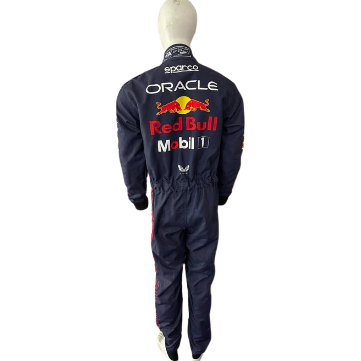 Rear view of the suit with dynamic shaping, navy blue dominance, red side stripes, and visible sponsor placement with precision stitching.