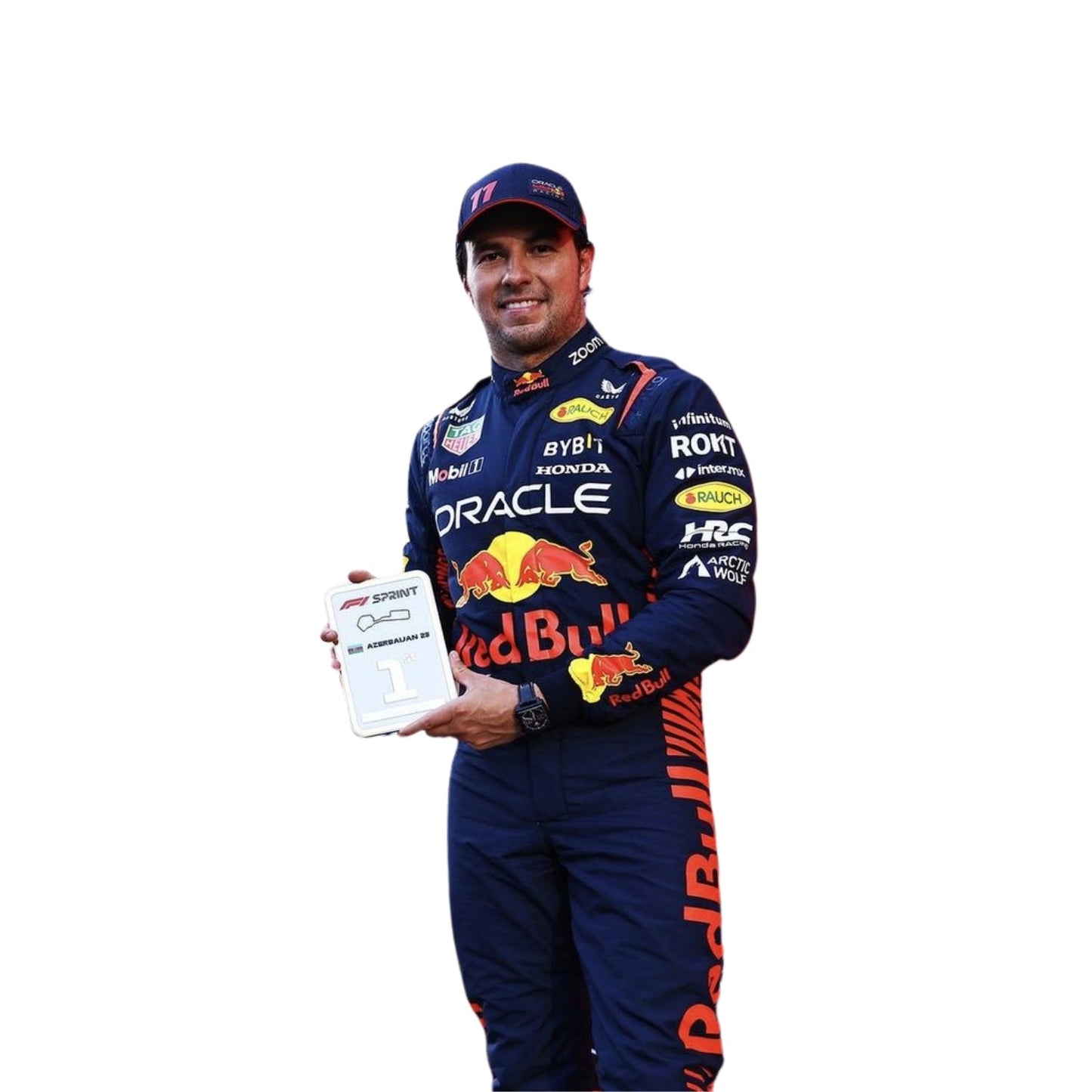 Close-up of the suit highlighting the intricate fabric texture, red-yellow accent stitching, and driver name embroidery in white.