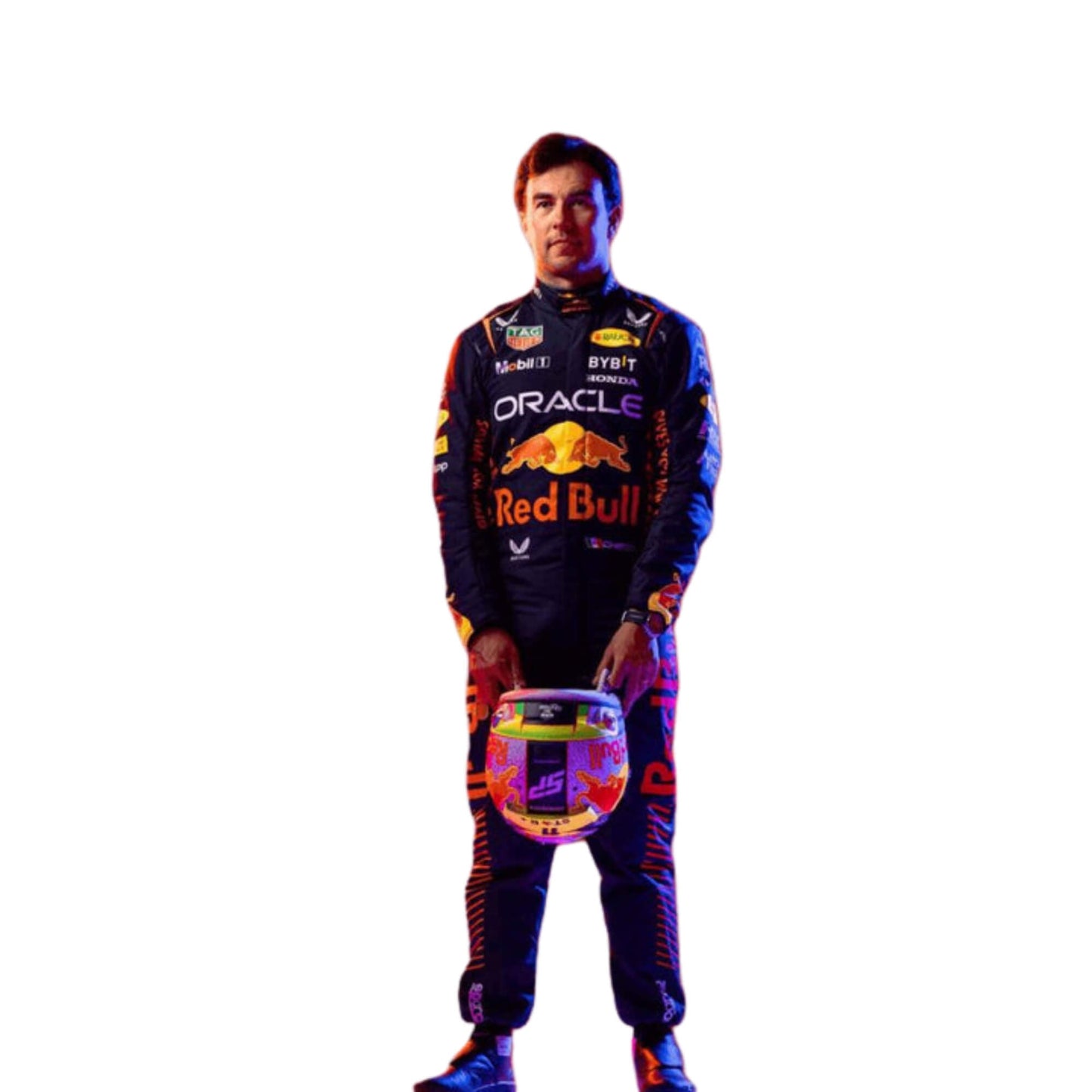 Sergio Perez wearing the 2023 racing suit featuring navy blue as the base color with vibrant red and yellow detailing, aerodynamic fit, and personalized branding elements.