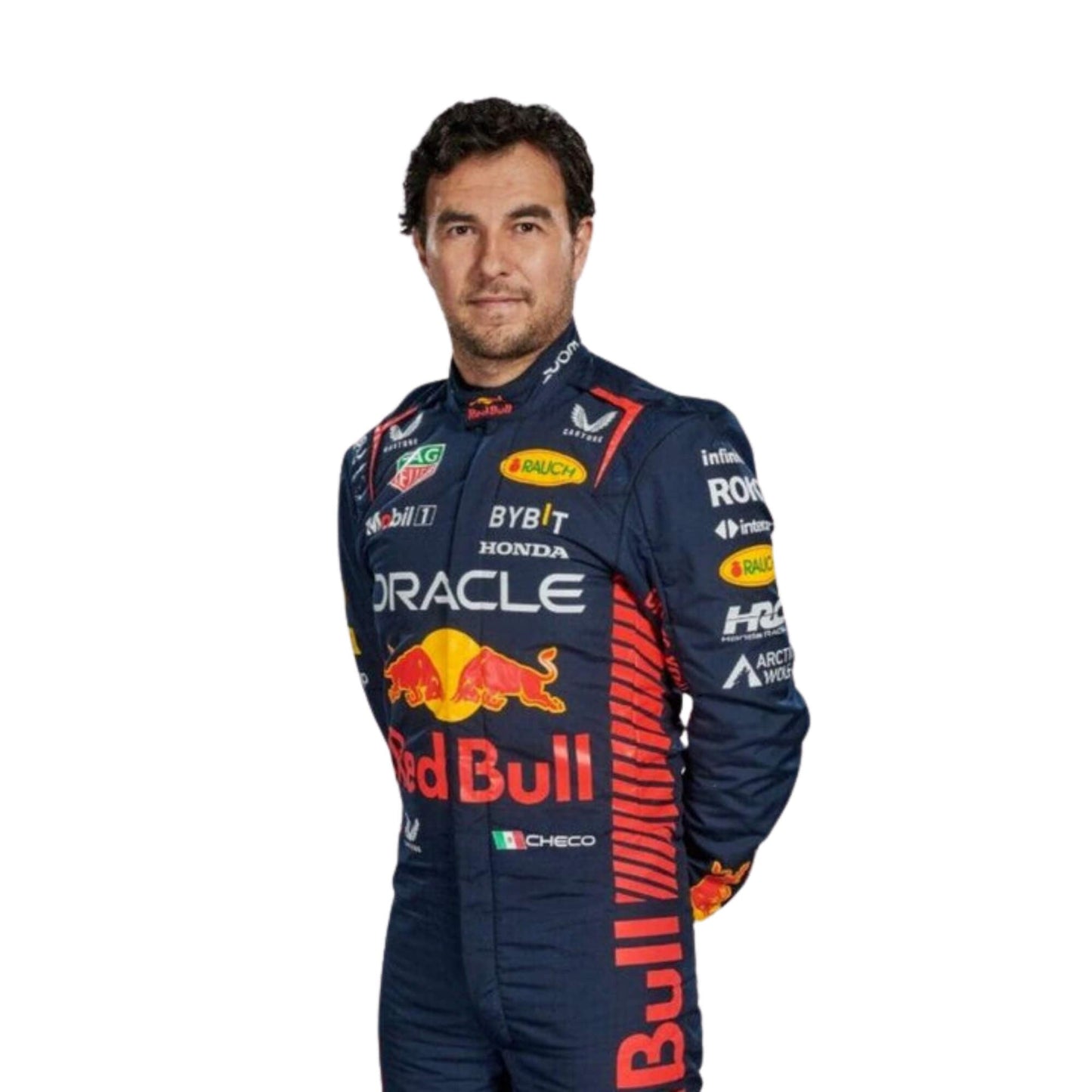 Close-up of the suit highlighting the intricate fabric texture, red-yellow accent stitching, and driver name embroidery in white.